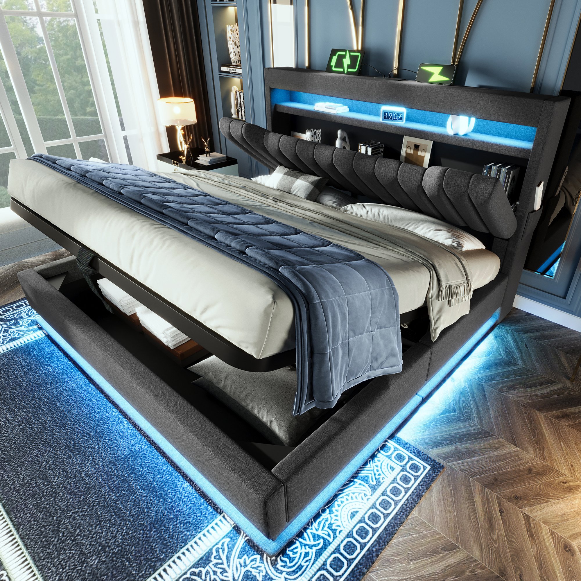 lit coffre 180x200 pour deux personnes avec sommier à lattes, rangement hydraulique et éclairage LED intégré