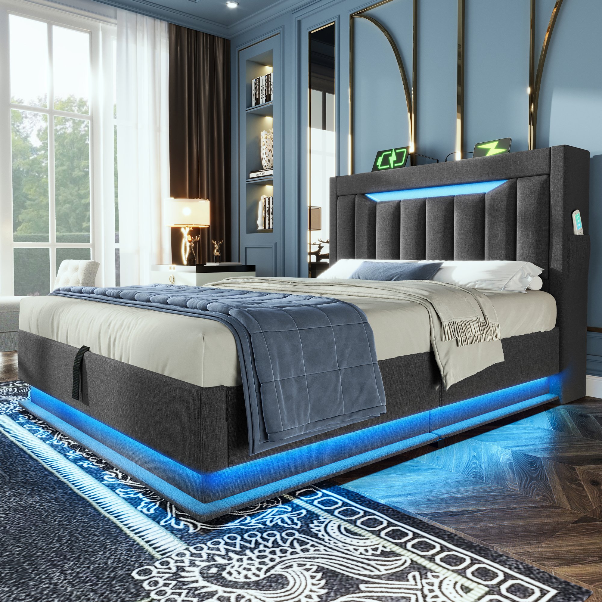 Lit coffre 90x200 gris en tissu lin avec LED musicale, ports USB Type-C et rangement hydraulique sous sommier à lattes