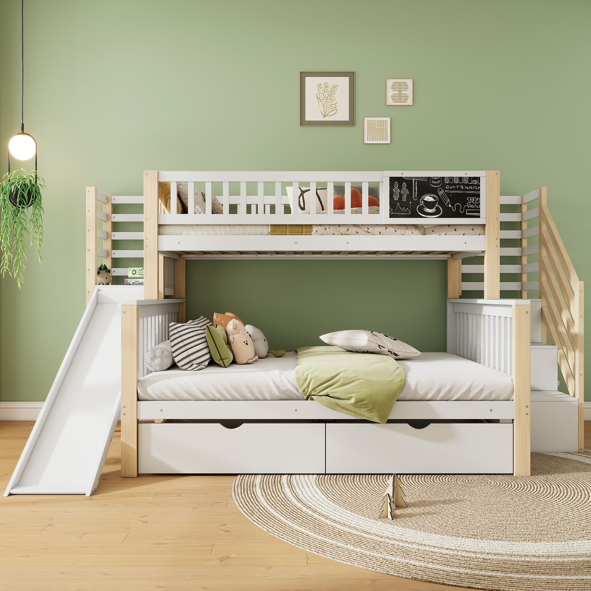 Lit cabane enfant avec toboggan, tableau et rangements intégrés, 2 couchages 90x200 et 140x200