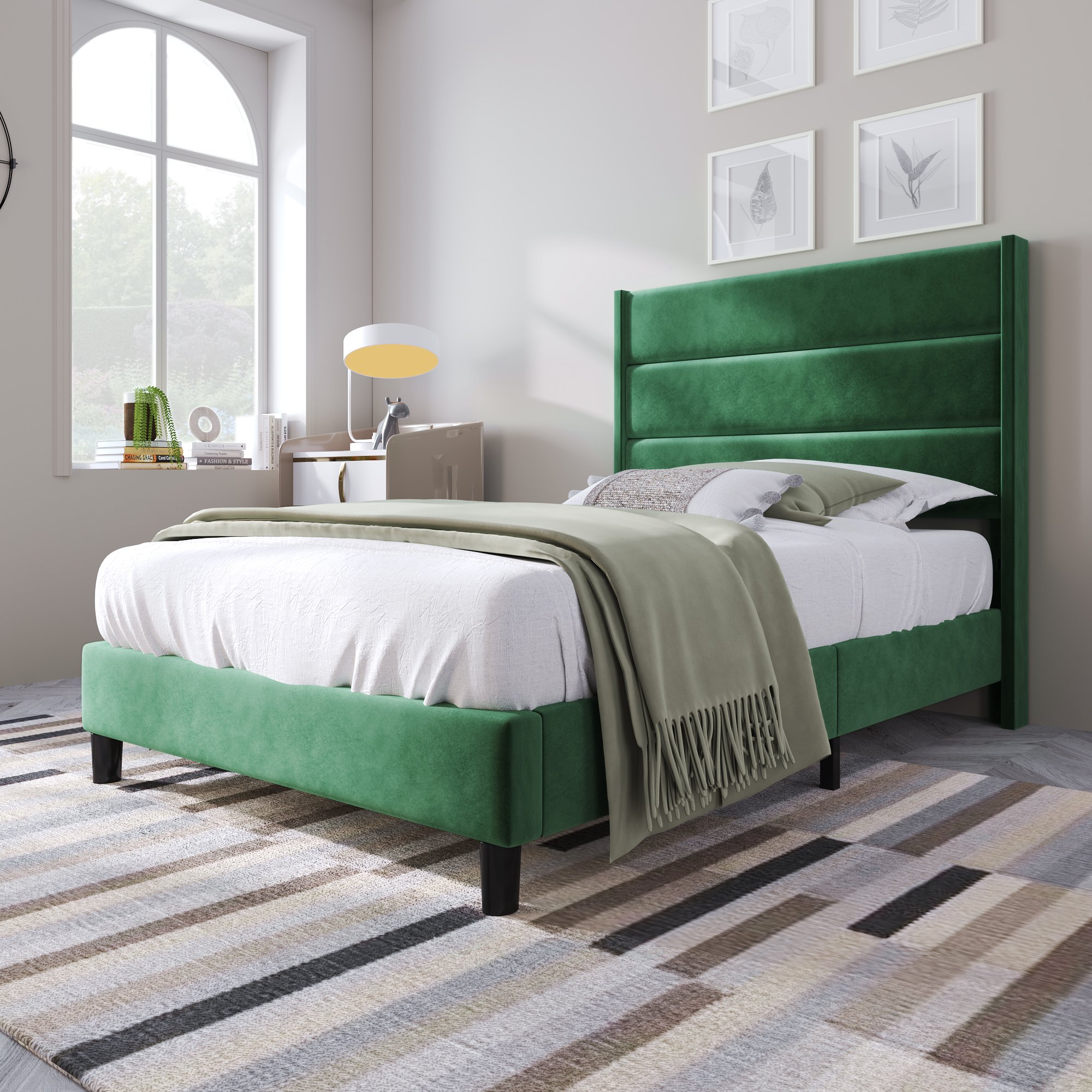 lit double avec sommier et matelas 90x200 cm, soutien ergonomique 7 zones H3 pour dos, cadre vert foncé