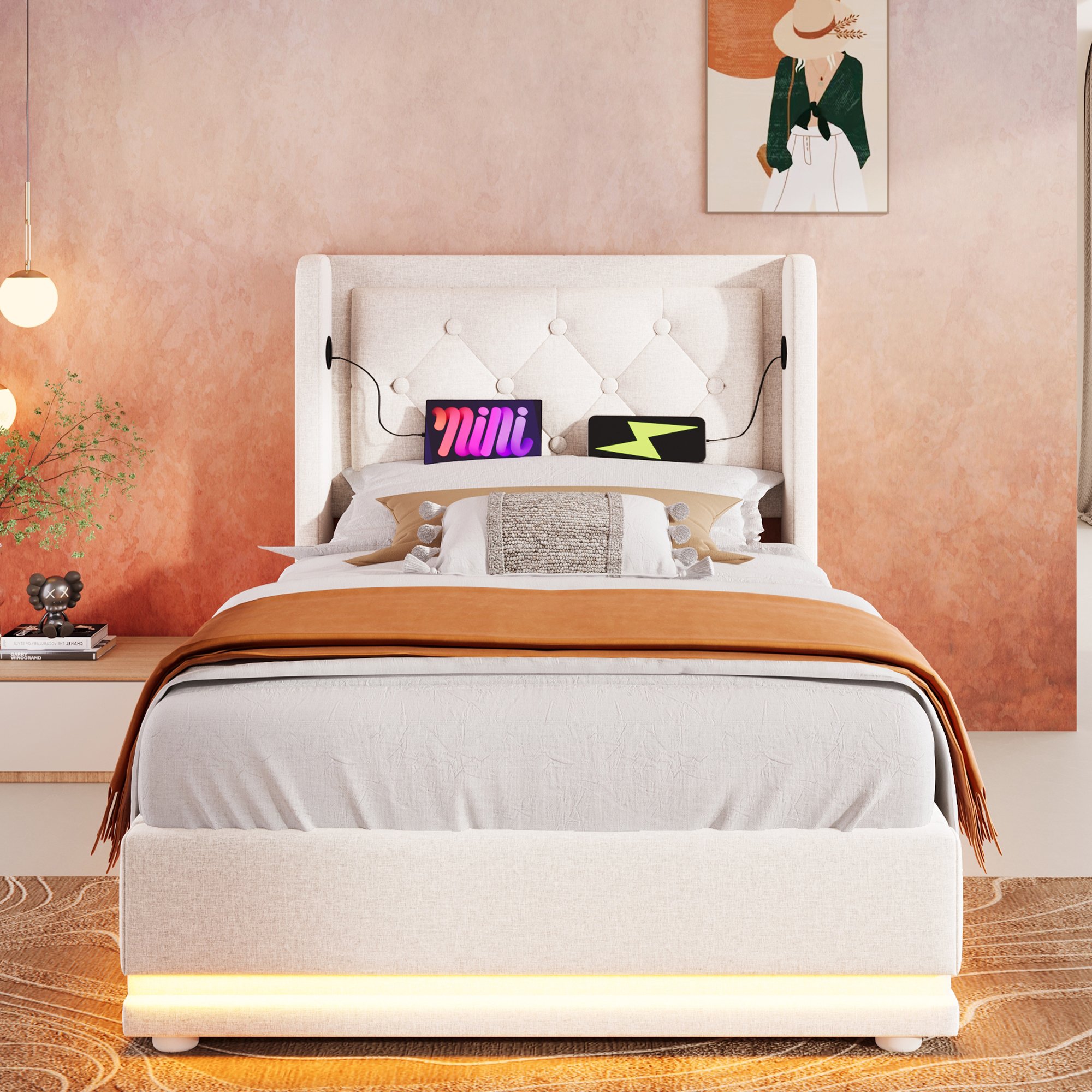 lit coffre 90x200 beige avec matelas ressorts ensachés, LED ambianciante et ports charge USB sur tête de lit capitonnée