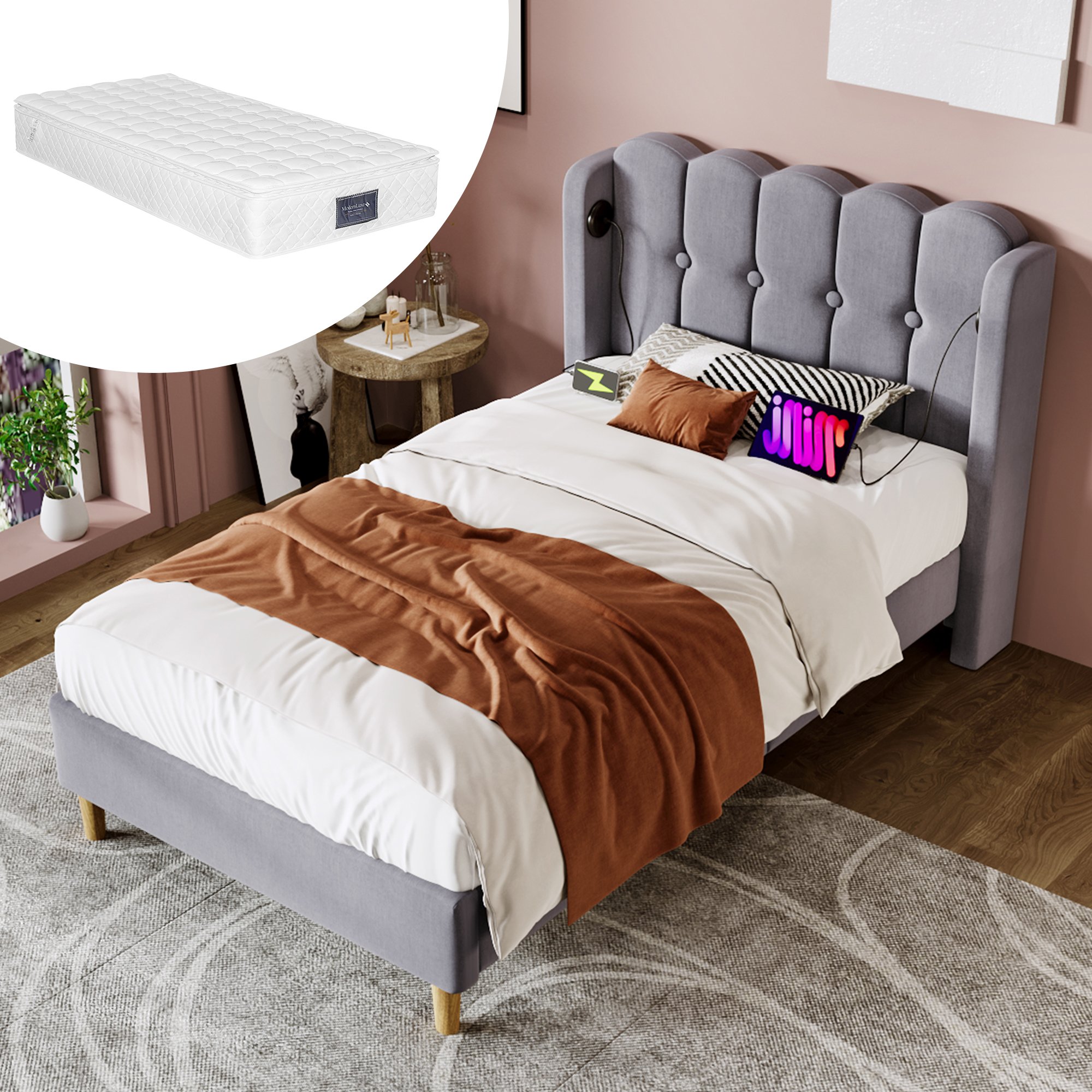 Cadre de lit capitonné en tissu lin gris avec tête de lit rembourrée, structure robuste et design contemporain