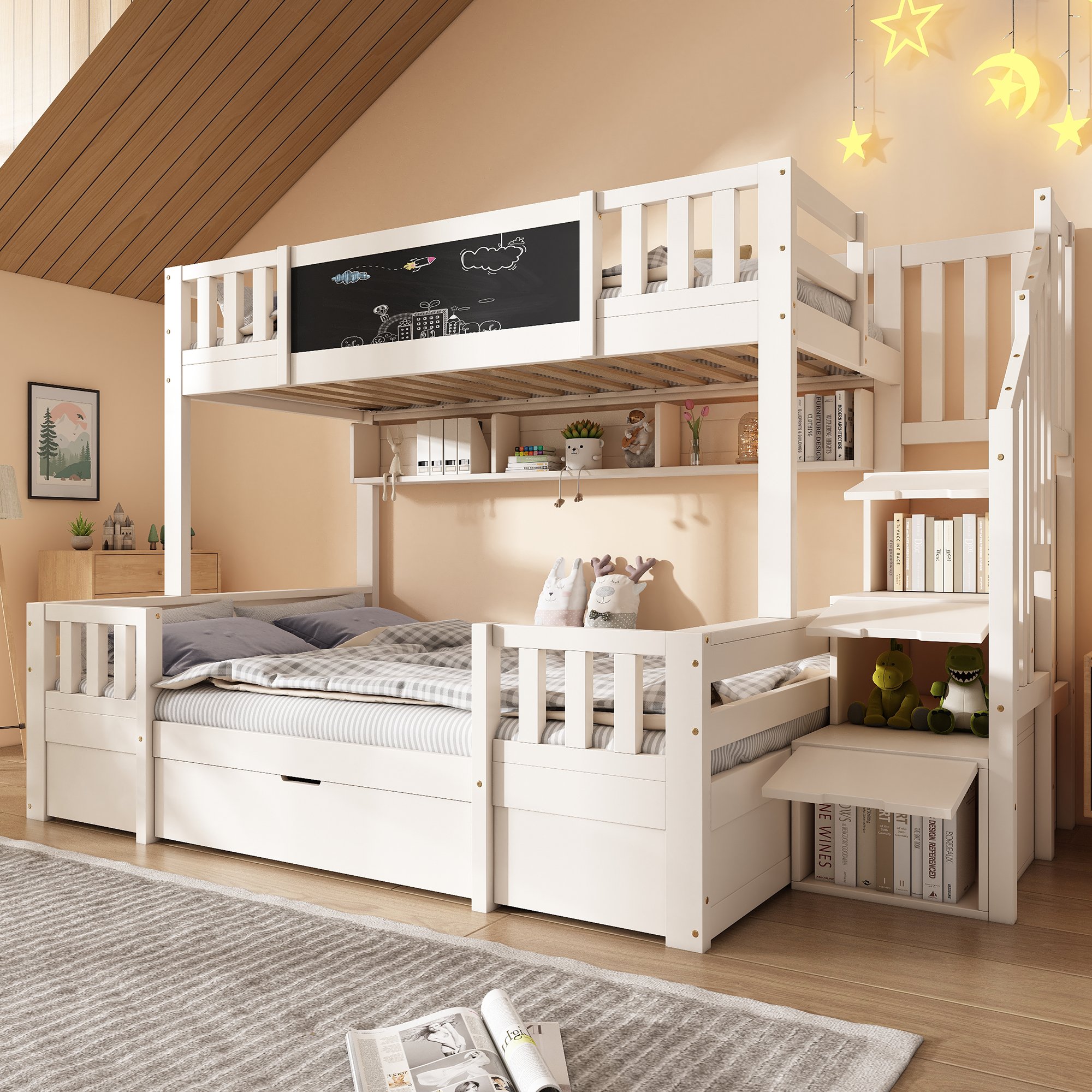 Lit superposé enfant avec escalier rangement et tiroirs, tableau craie intégré pour enfants, bois massif blanc