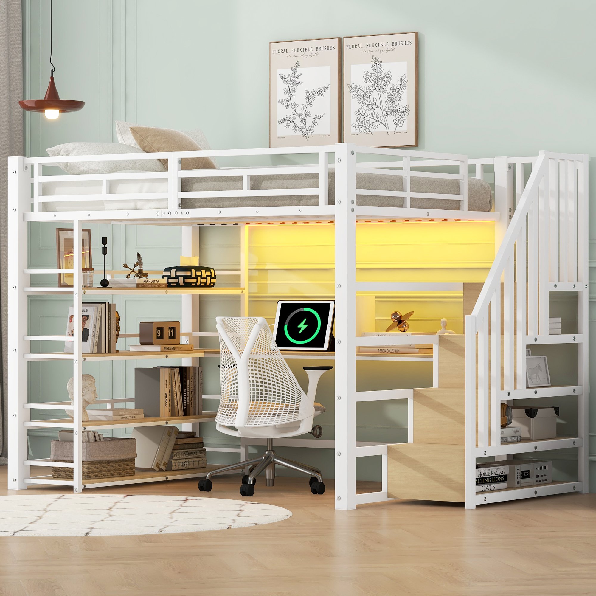Lit mezzanine 140x200 blanc métal avec escalier, bureau intégré, rangements, LED et USB
