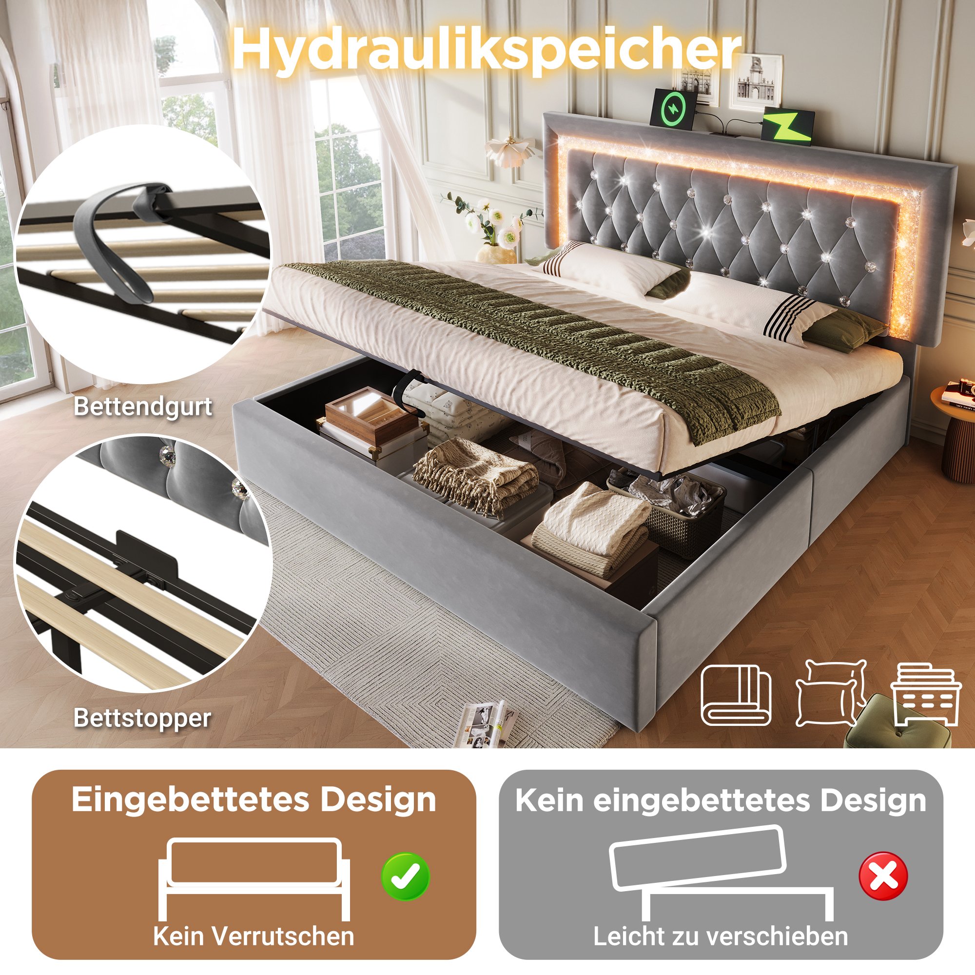 lit coffre 160x200 en velours gris avec rangement hydraulique, LED, ports USB Type-C et sommier à lattes