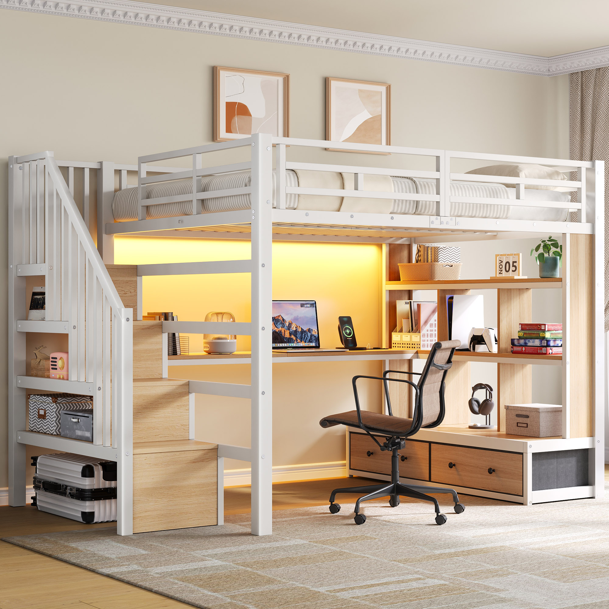 Lit mezzanine 140x200 blanc métal avec bureau, étagères, tiroirs et échelle