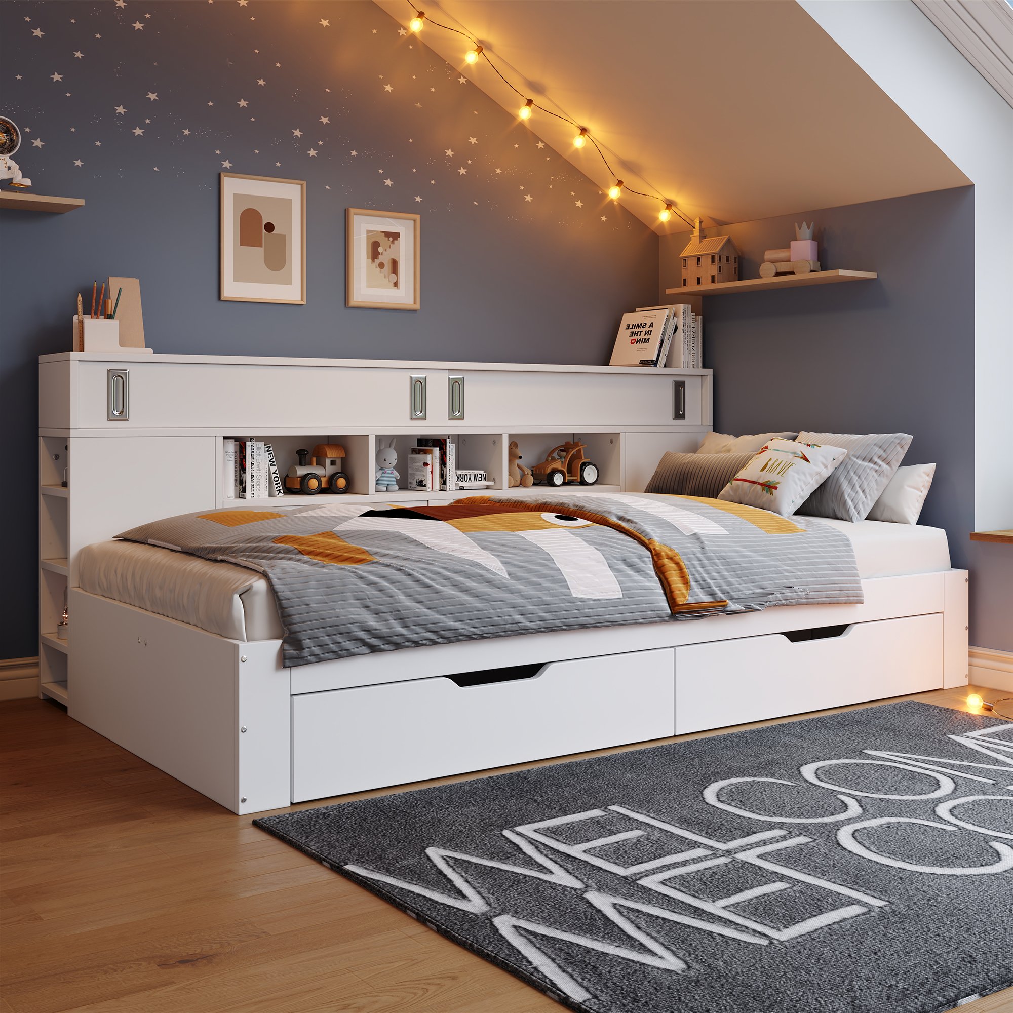 Lit coffre 90x200 blanc en Panneau composite de fibres de bois à densité avec tiroirs, étagères réglables et sommier à lattes, sans matelas, pour enfant