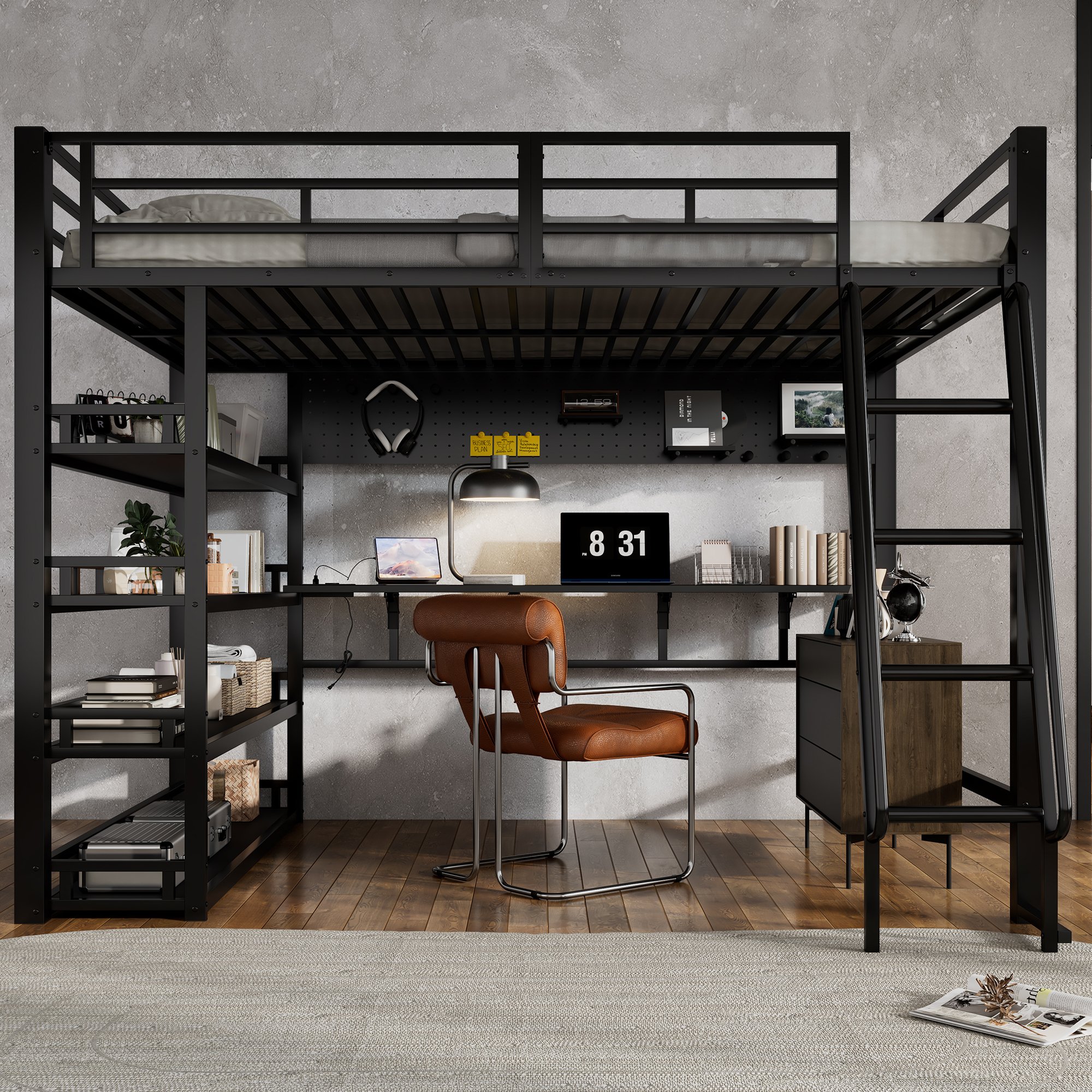 Lit mezzanine 140x200 avec rangement et échelle inclinée, noir, en fer et bois