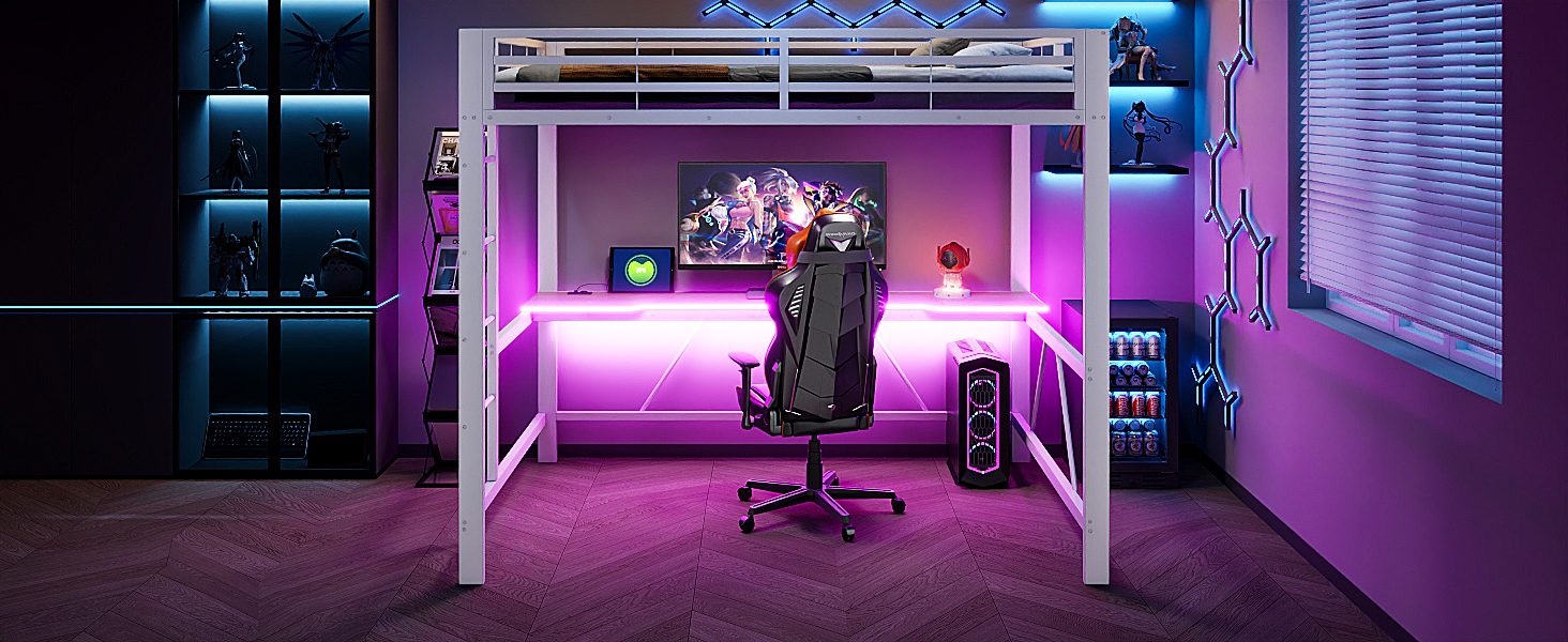 Lit mezzanine 140x200 avec bureau, rangement et LED, structure métallique