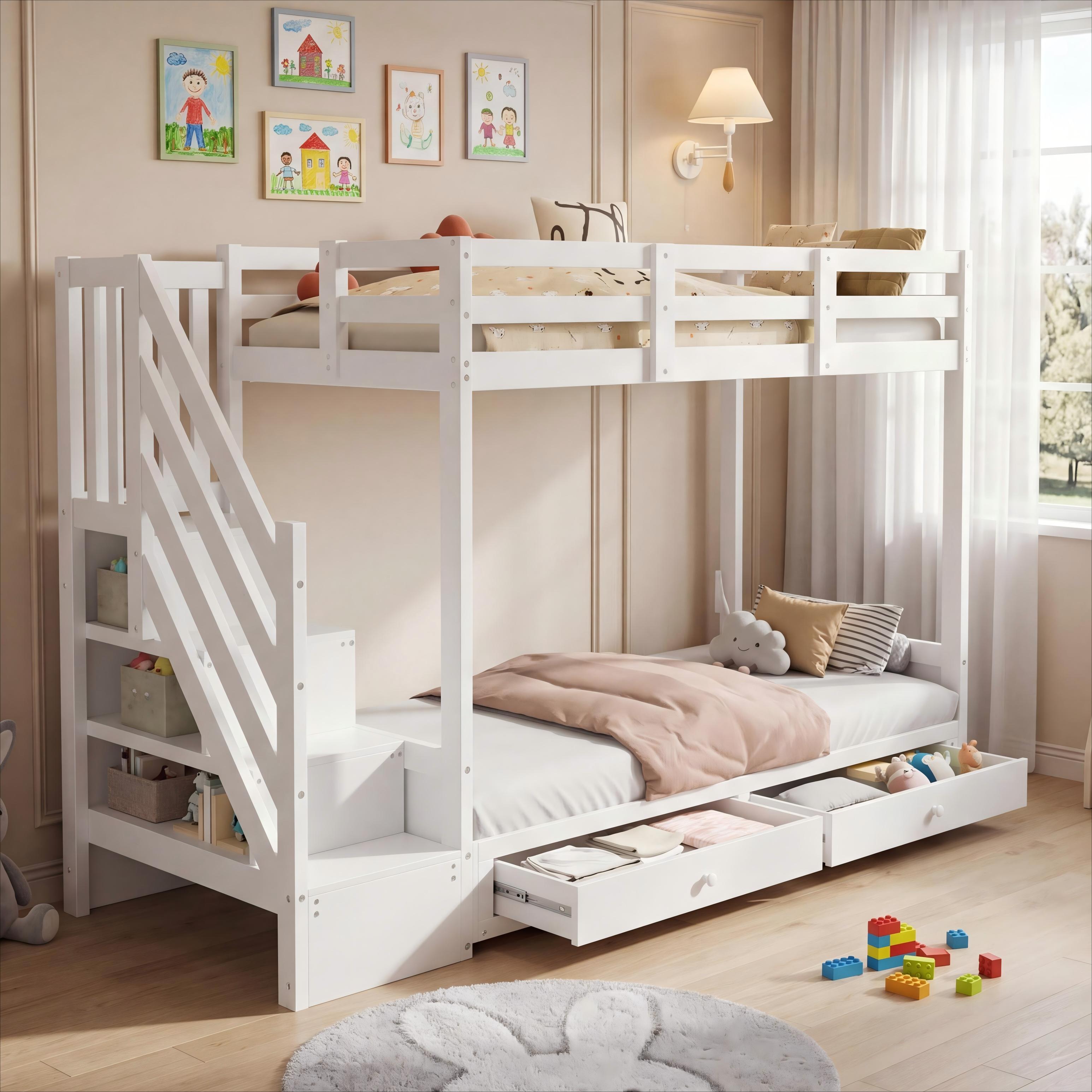 Lit superposé 90x200 cm pour enfant avec 2 couchages et rangement intégré