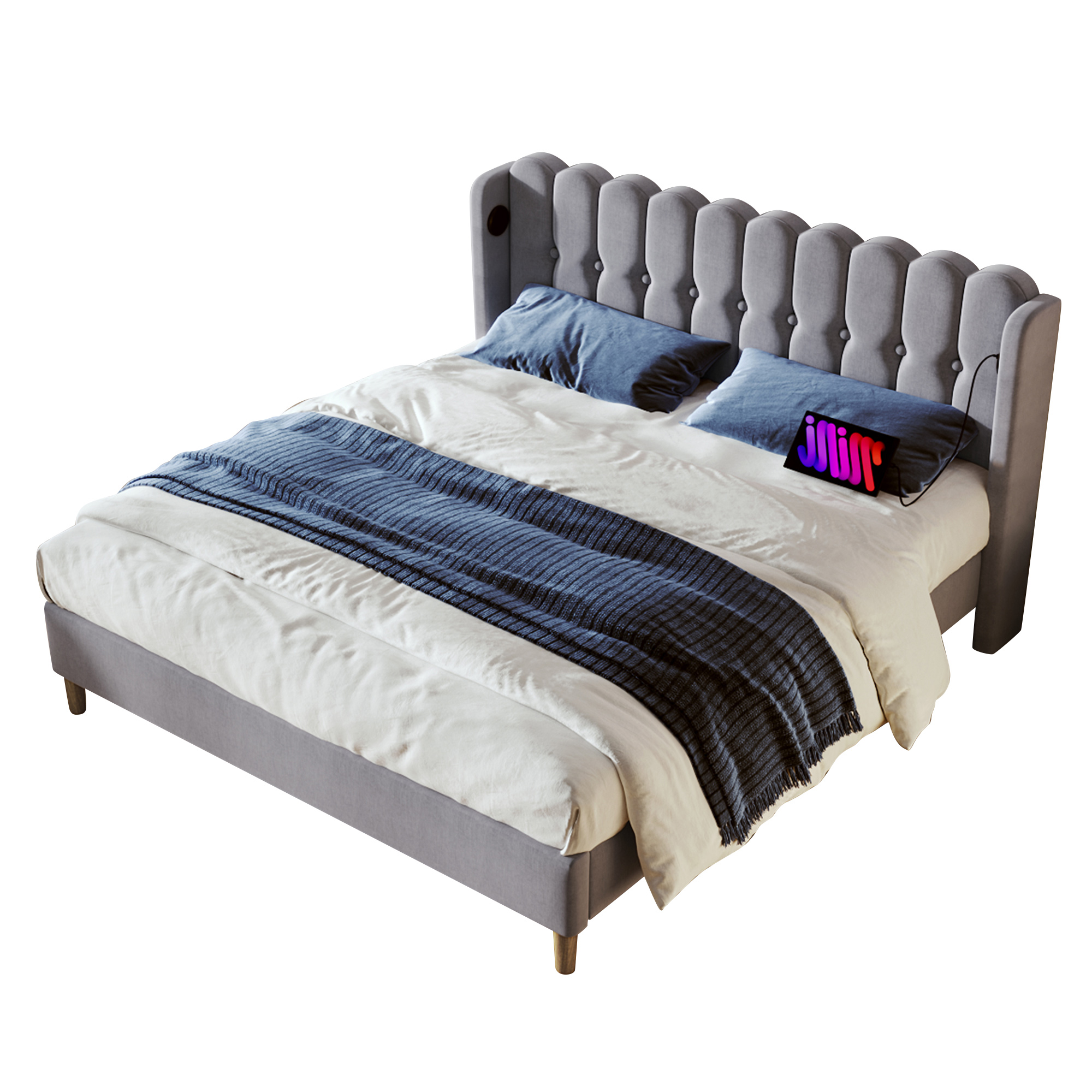 lit double rembourré 160x200 avec sommier à lattes et ports charge usb type-c intégrés tête de lit capitonnée gris lin
