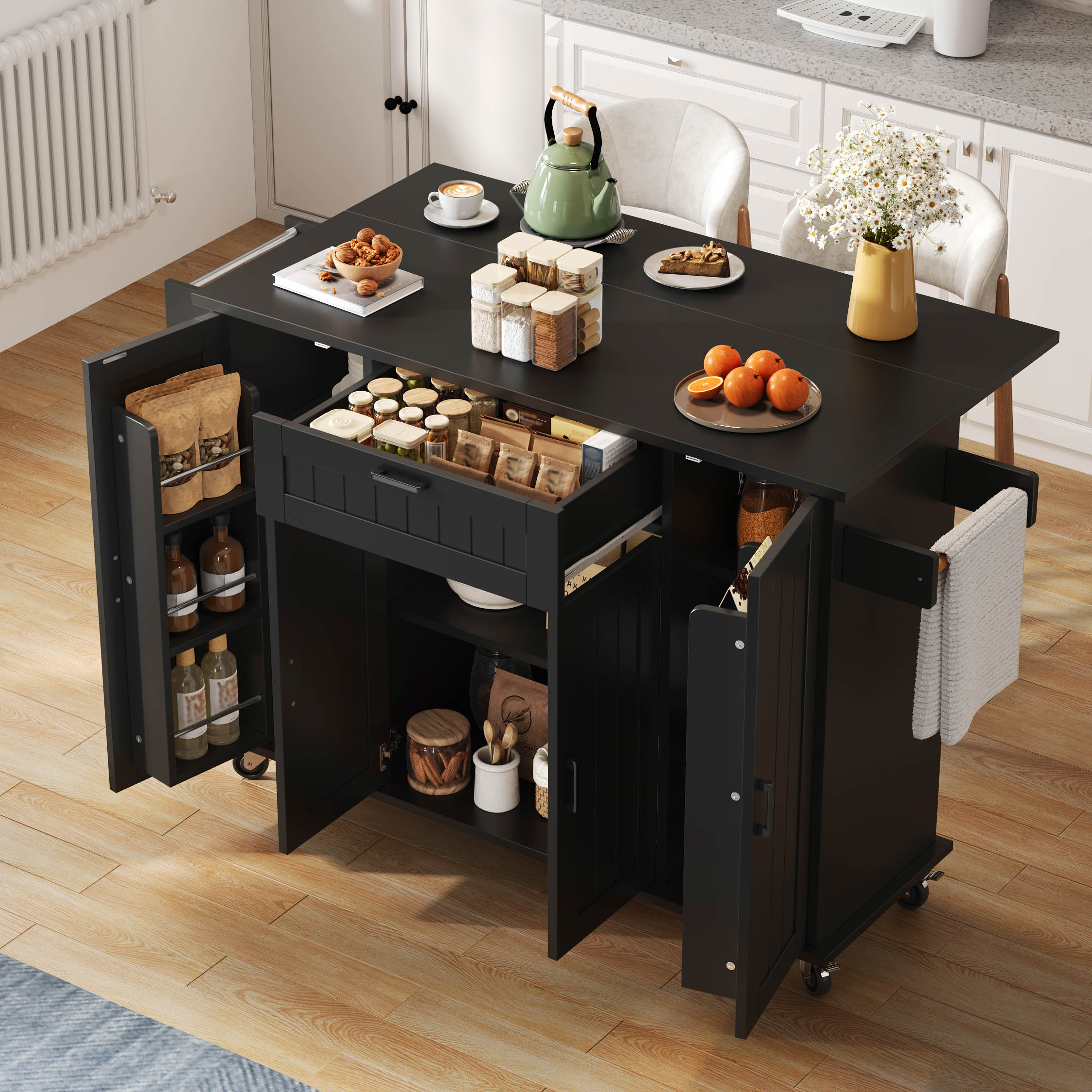 Îlot de cuisine mobile avec plan de travail rabattable et rangements intégrés, 4 portes, tiroir, étagères à épices, noir, 120 cm