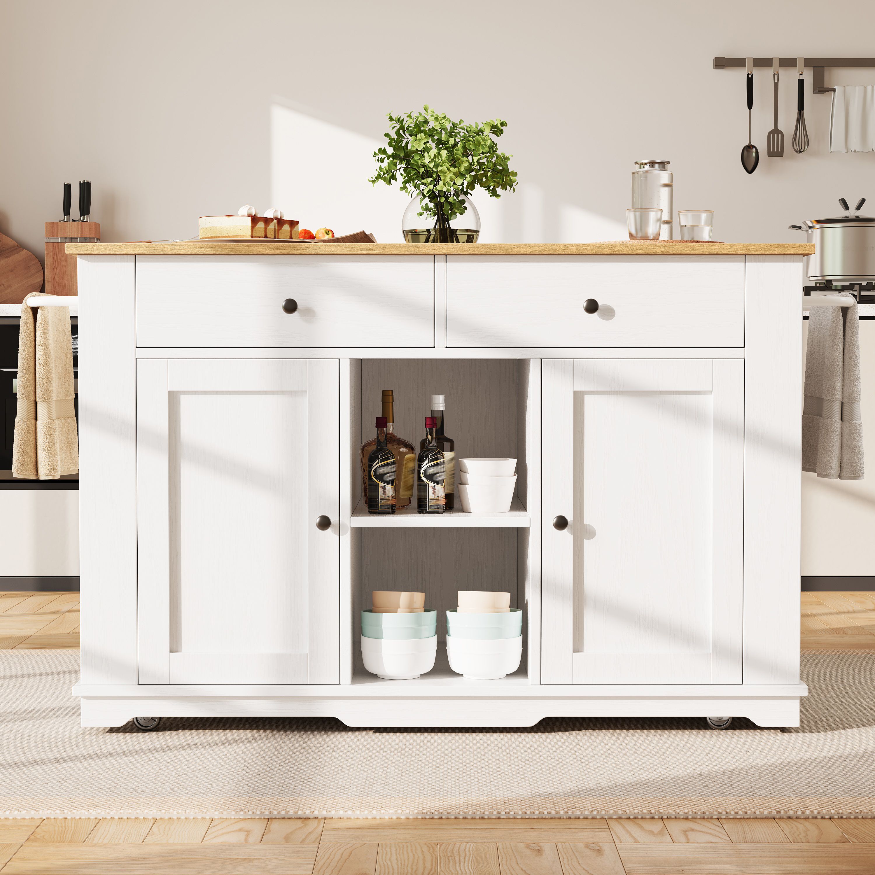 Îlot de cuisine avec rangement et prises électriques, blanc et bois, sur roulettes, plan de travail extensible, 151,5 cm