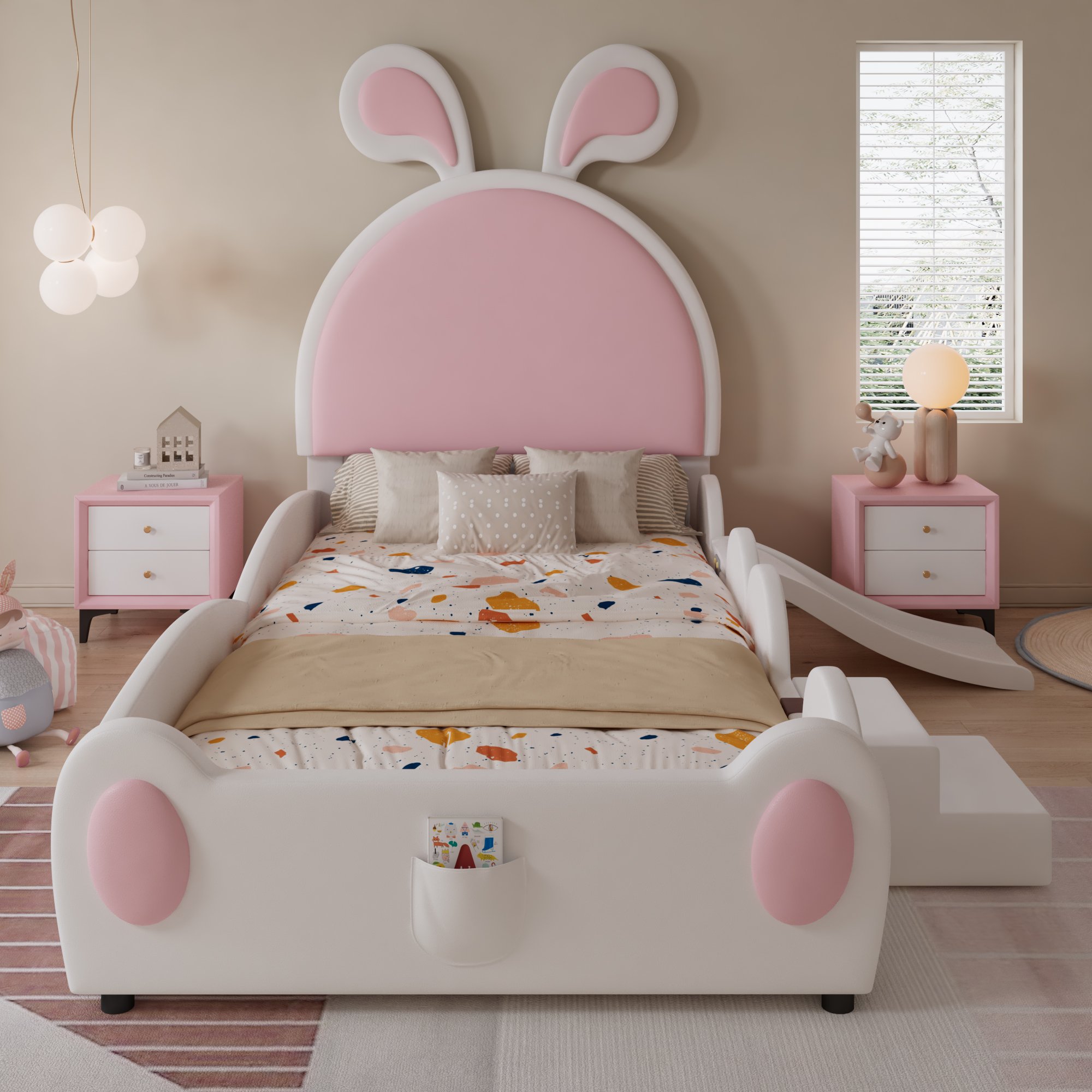 Lit enfant en PU avec tête de lit lapin, structure en bois et métal, 90x200, rose et blanc