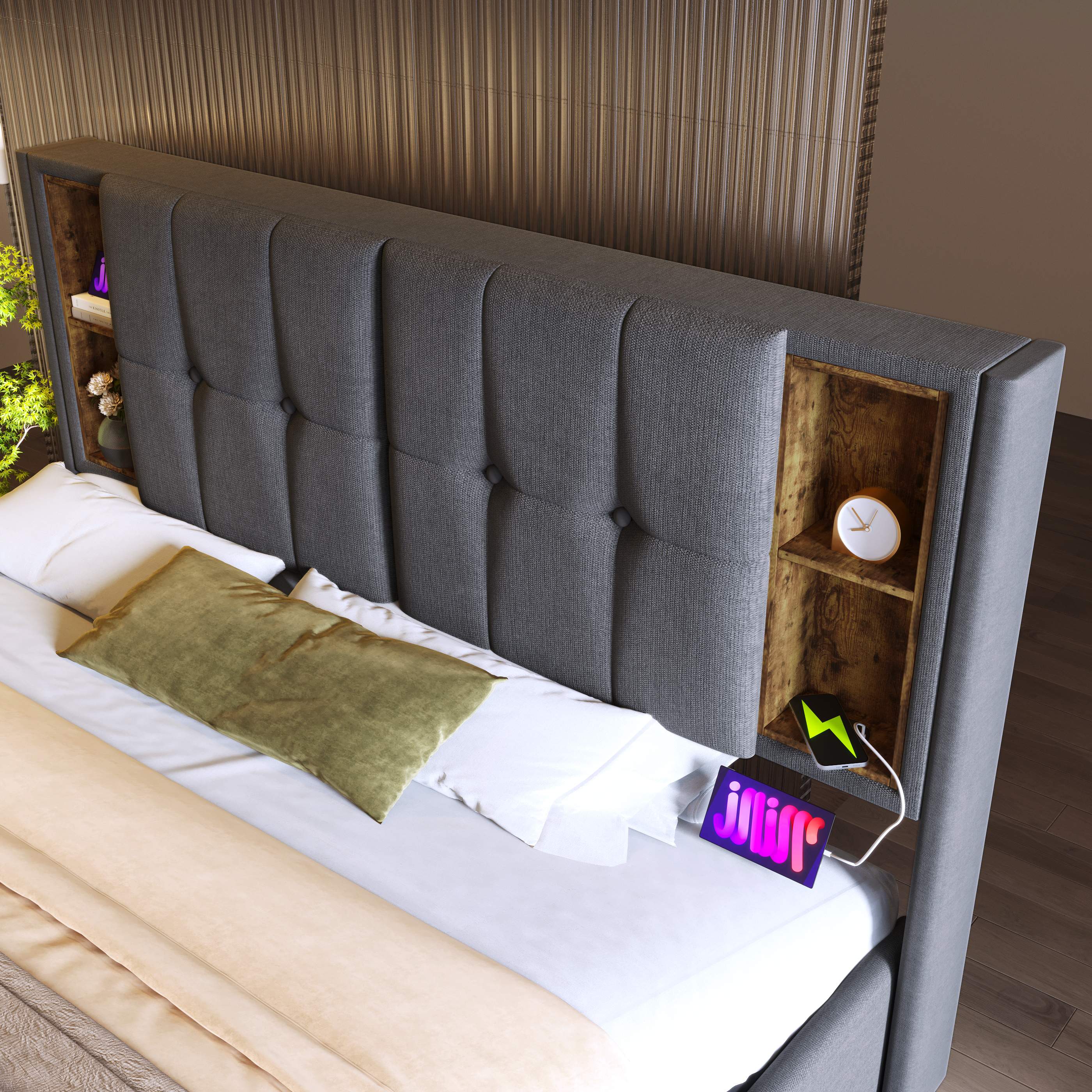 lit coffre 140x200 avec matelas, chargeur sans fil USB Type-C, rangement hydraulique et tête de lit rembourrée gris coton
