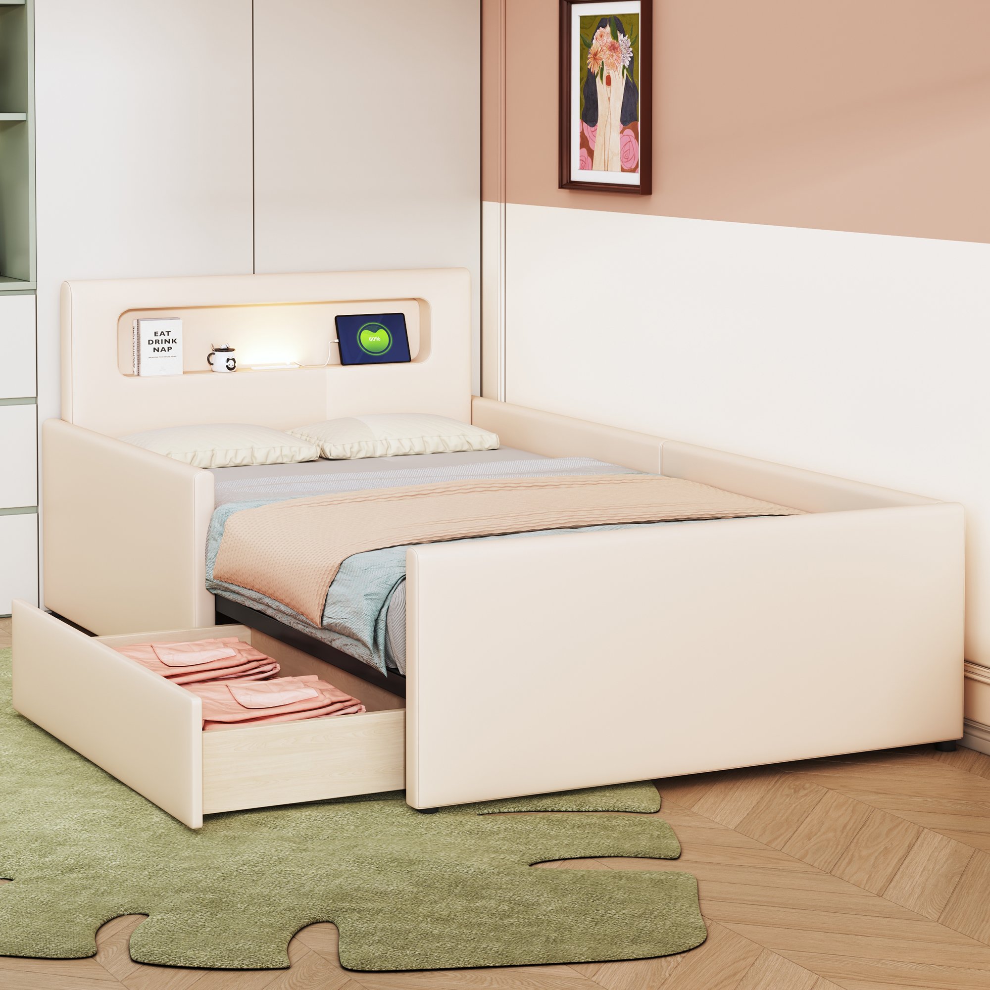 Lit enfant rembourré en simili cuir beige, structure métal et bois, 90x200, avec rangement
