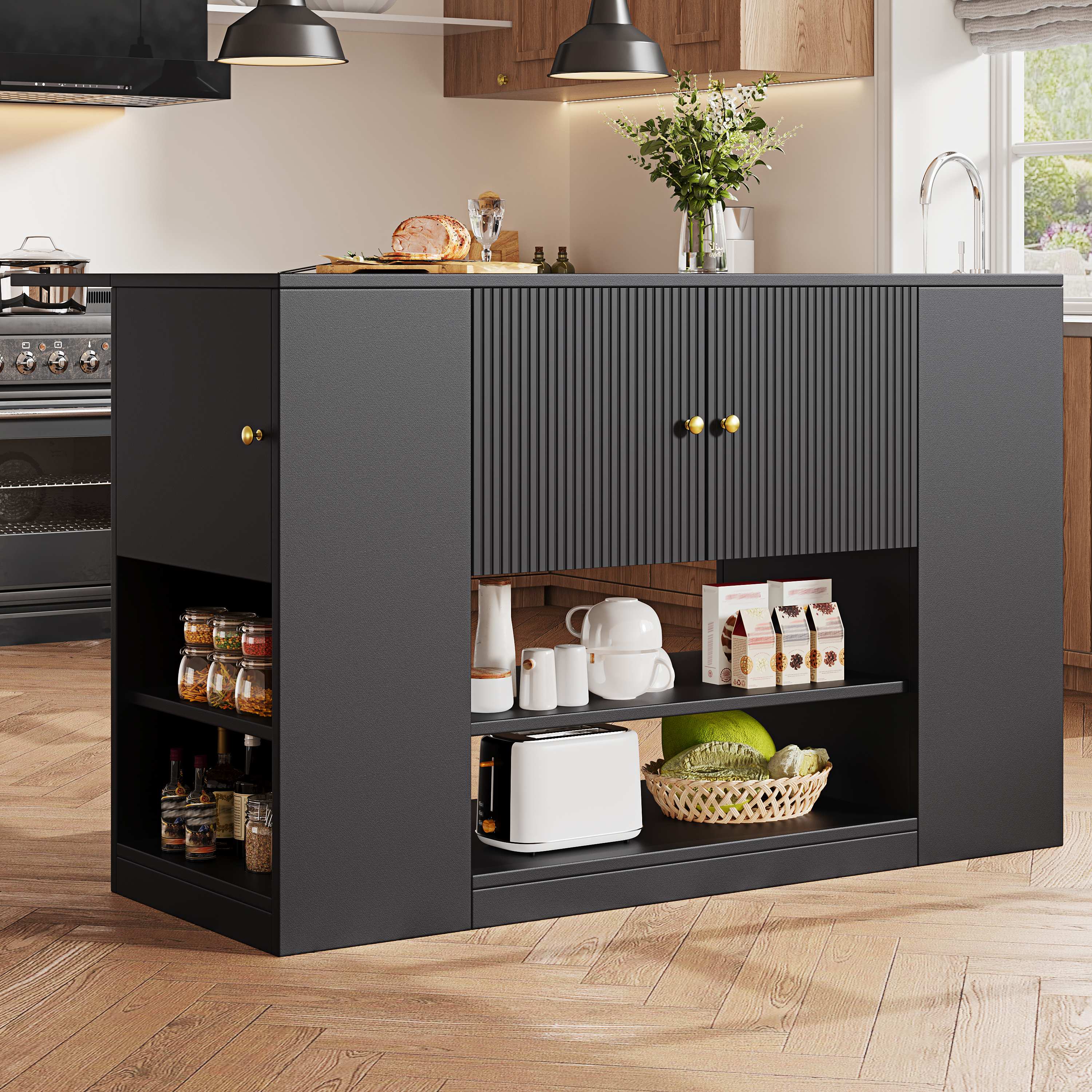 Îlot de cuisine avec table pliante et rangement, tiroirs, étagères, noir, en Panneau composite de fibres de bois à densité, 140x40x90 cm, pour cuisiner et manger