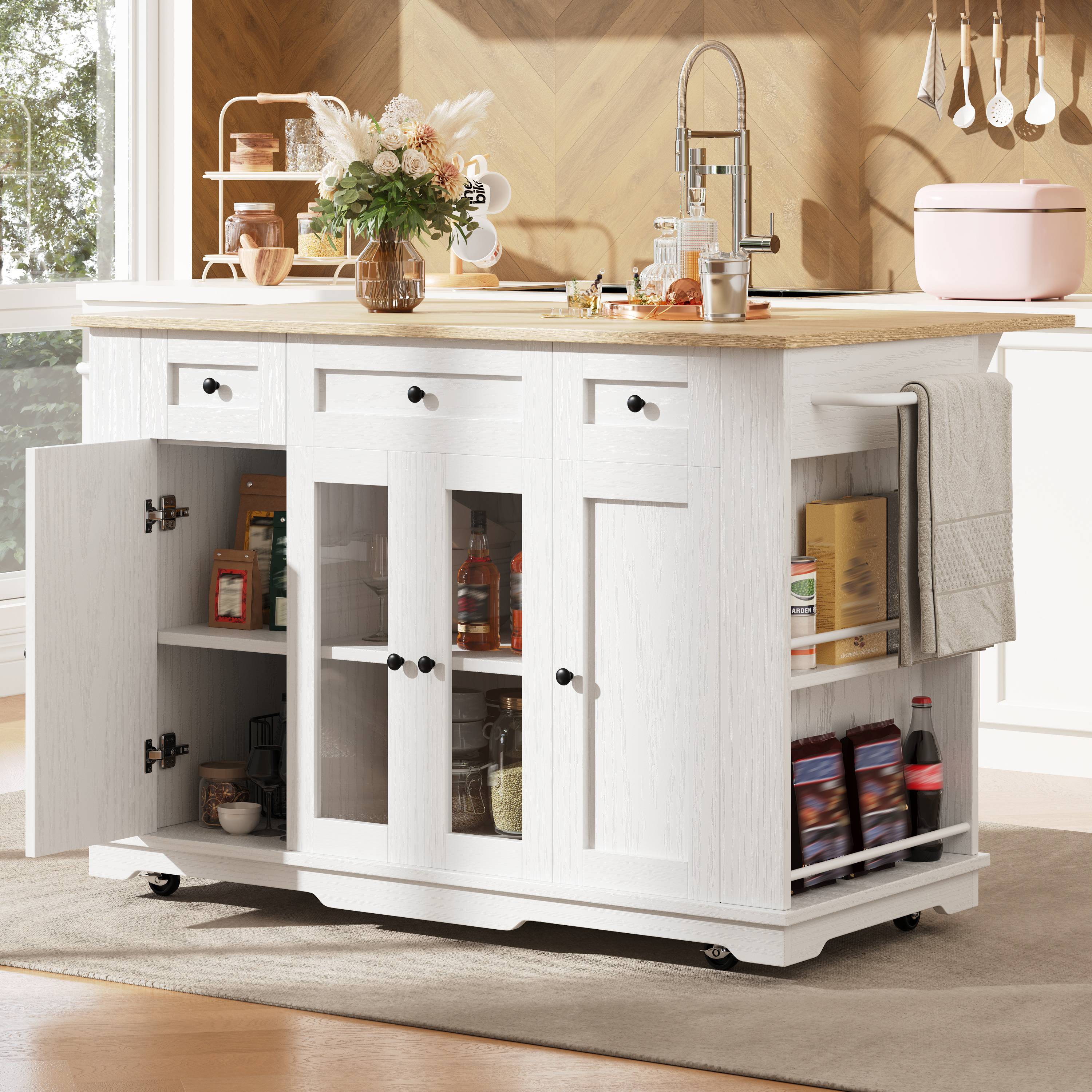 Îlot de cuisine avec rangement spacieux, table extensible et étagères latérales, plan de travail en bois, blanc et naturel
