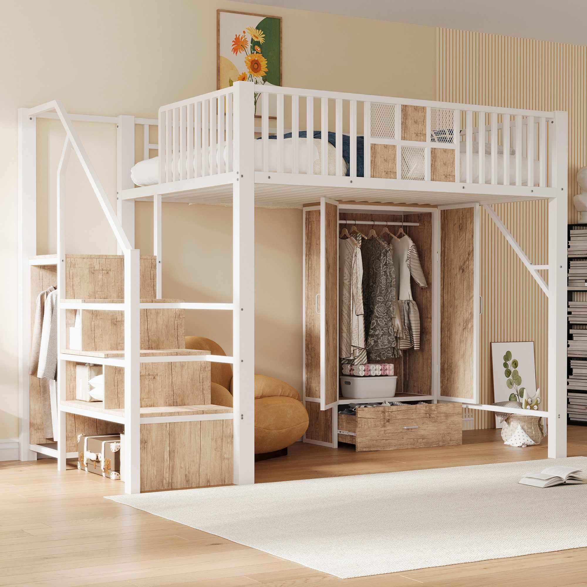 Lit mezzanine 140x200 avec échelle de rangement et placard intégré, blanc, métal et bois