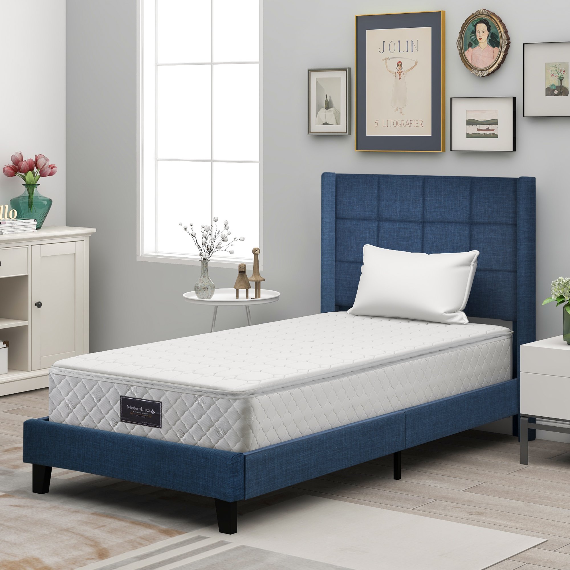 Lit rembourré 90x200 bleu avec sommier à lattes et matelas ressorts ensachés H3