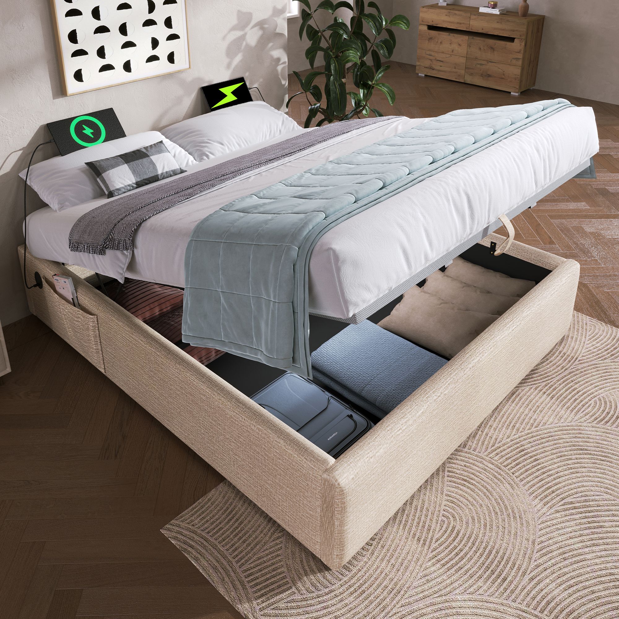 Lit coffre 140x200 avec sommier à lattes, cadre de lit double en lin beige sans tête de lit, rangement hydraulique et USB Type-C