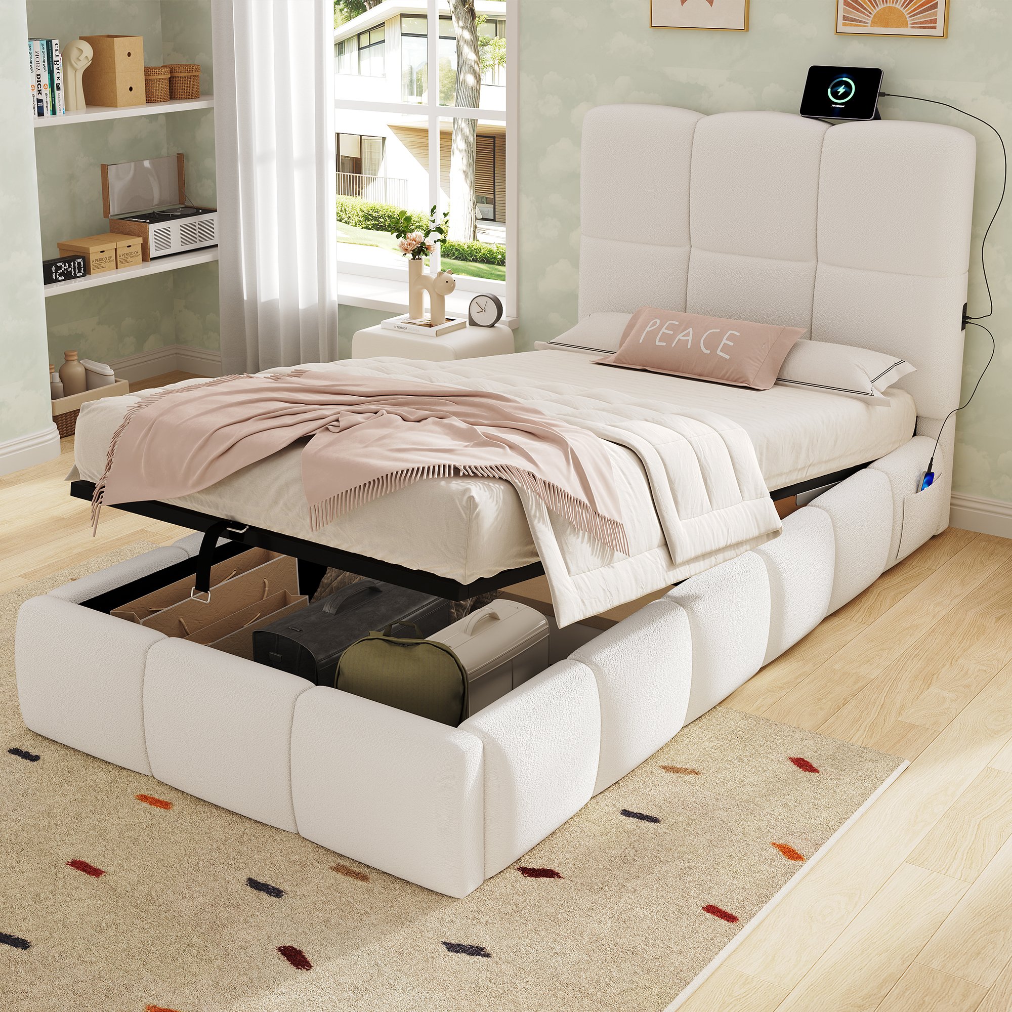 Lit coffre simple 90x200 cm avec coffre de rangement, sommier à lattes, port USB-C et dimensions totales 216,5 x 103,5 x 99 cm