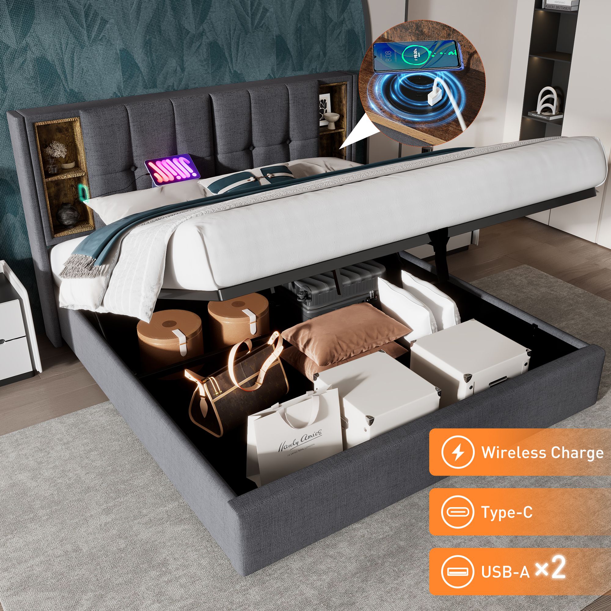 Lit coffre double 180x200 gris avec rangement hydraulique et sommier à lattes pour chambre adulte
