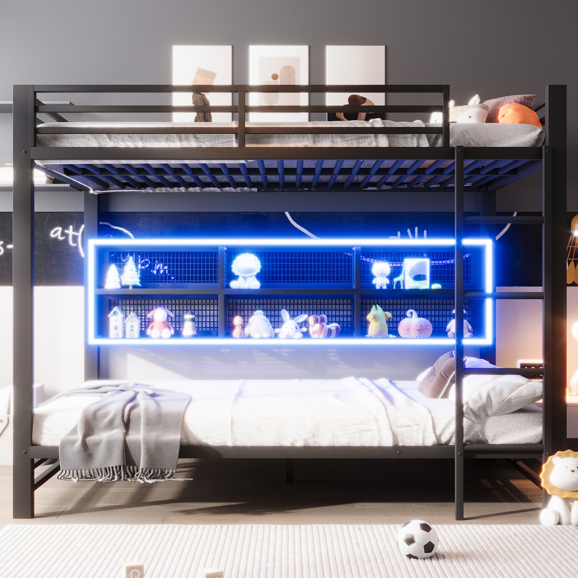 Lit superposé en métal noir 140x200 cm avec rangements et éclairage LED