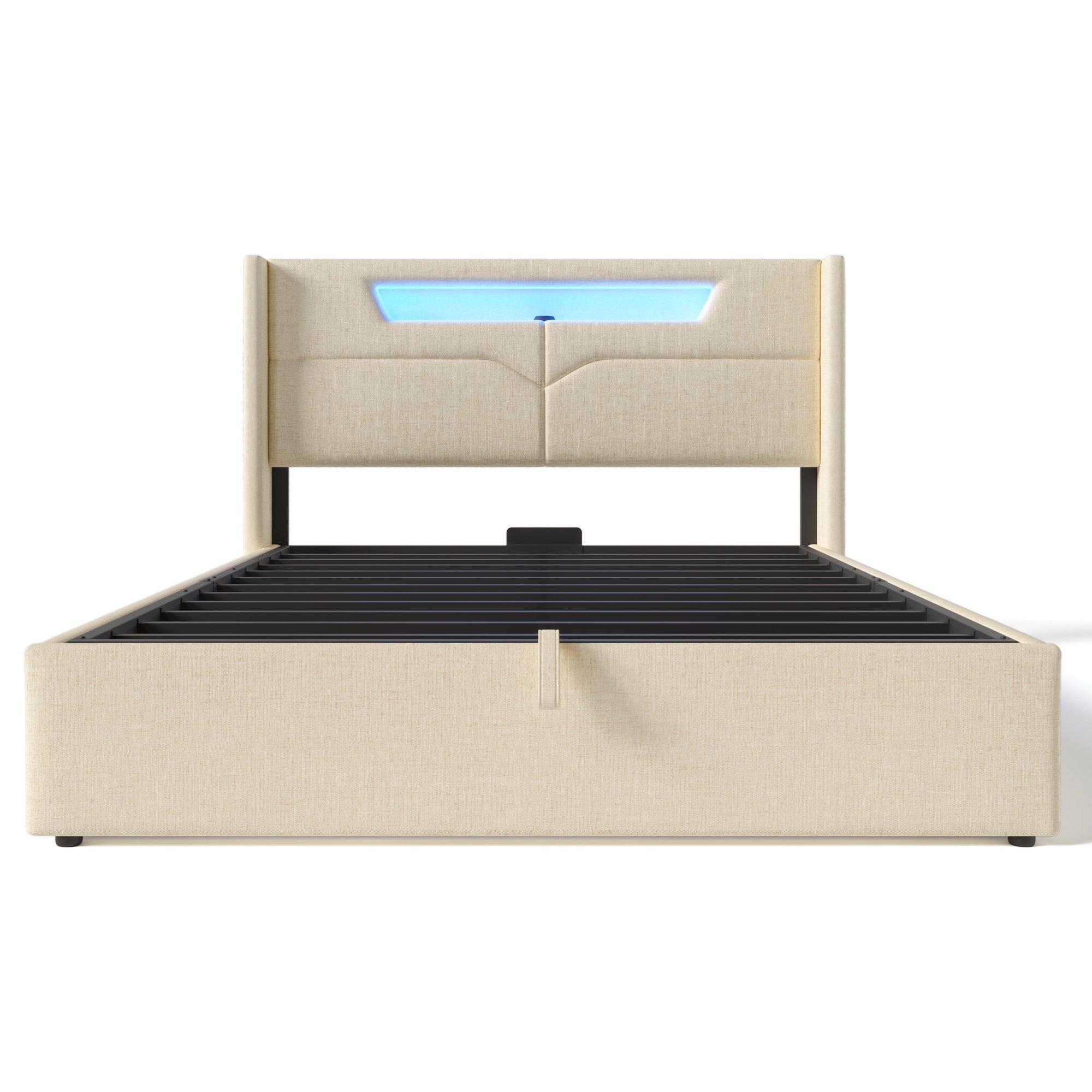 Lit double 160x200 avec sommier à lattes, lit coffre rembourré beige LED USB Type-C rangement hydraulique