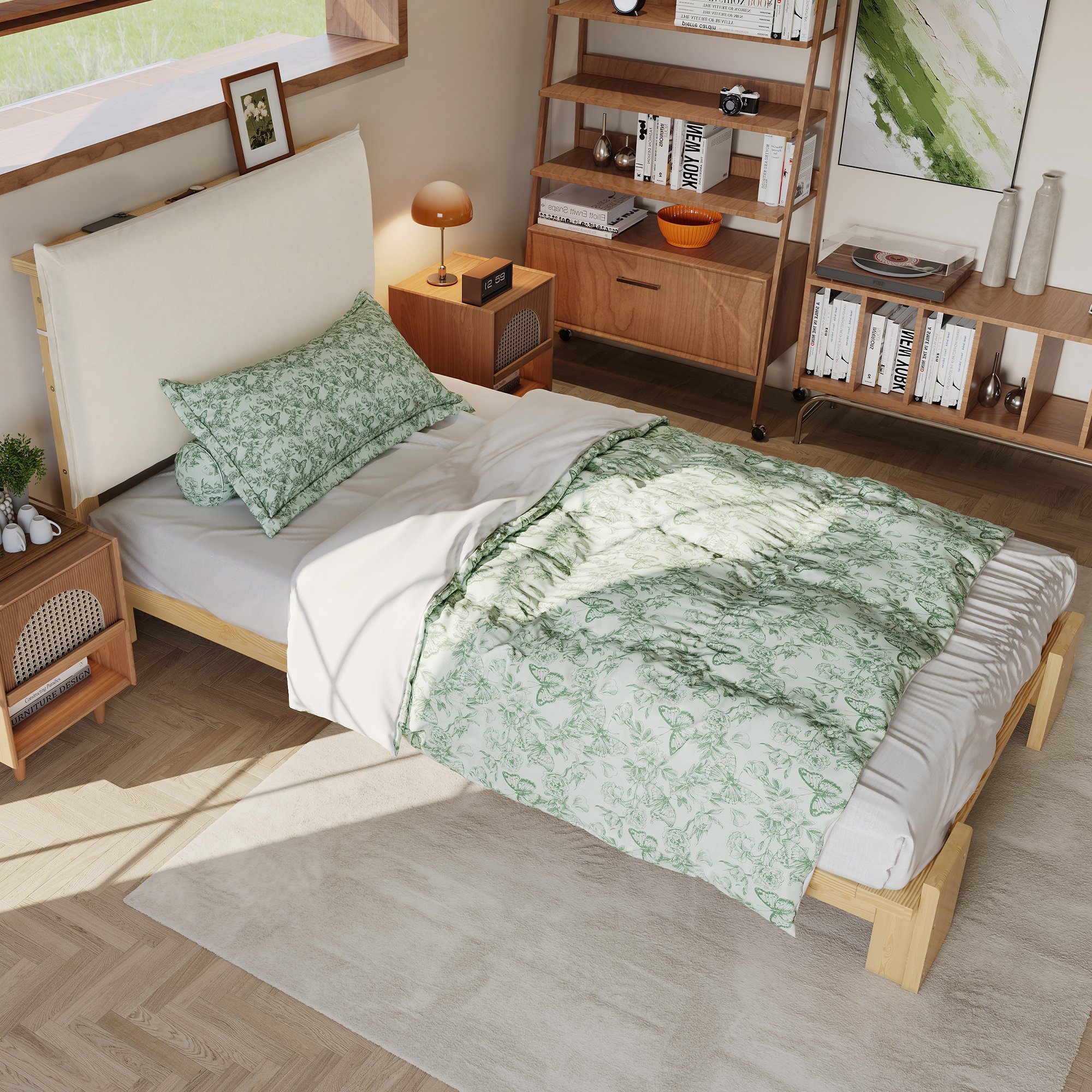 Lit capitonné 90x200 en bois naturel avec tête de lit rembourrée et sommier à lattes