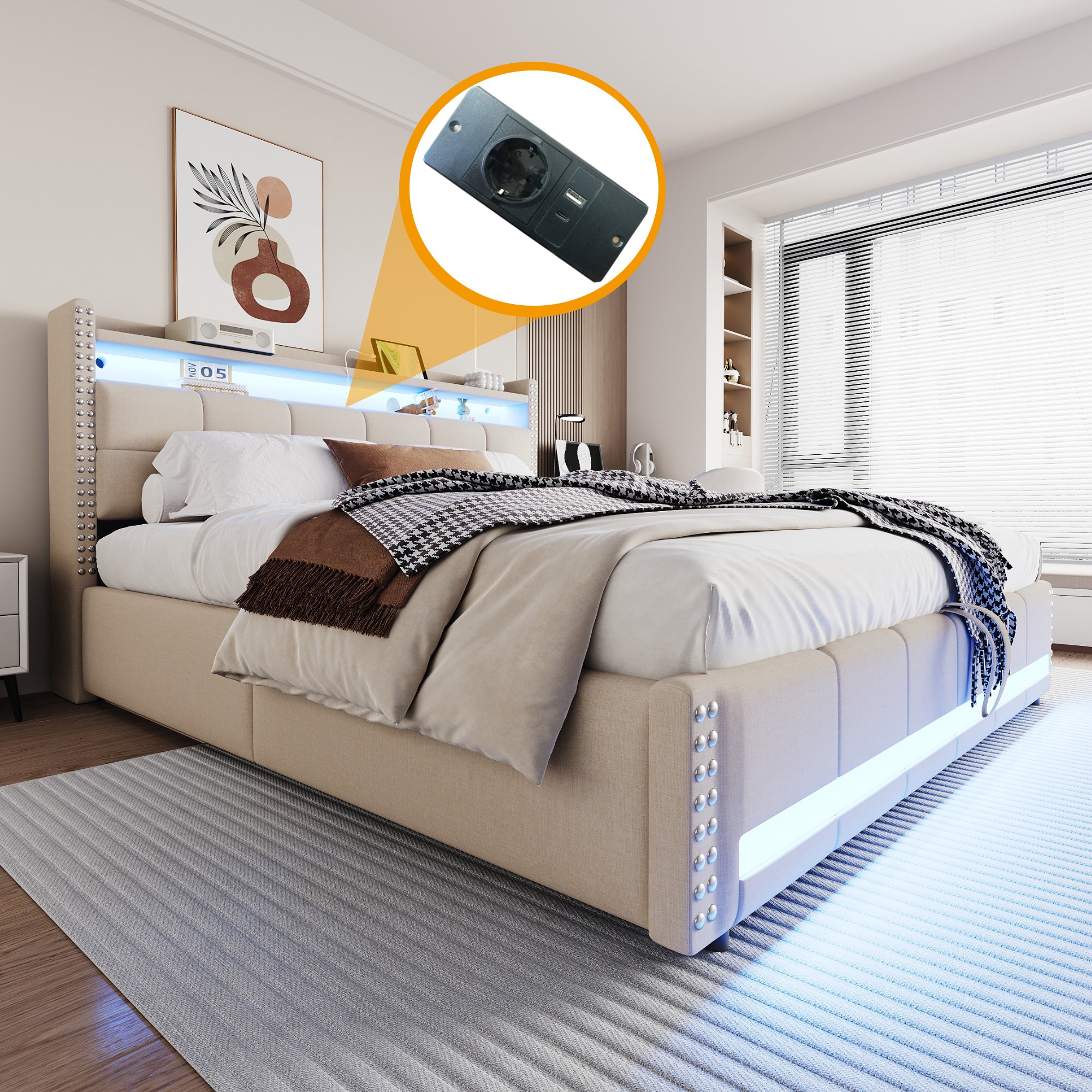 Lit coffre 180x200 avec tête de lit rangement, LED et USB, beige