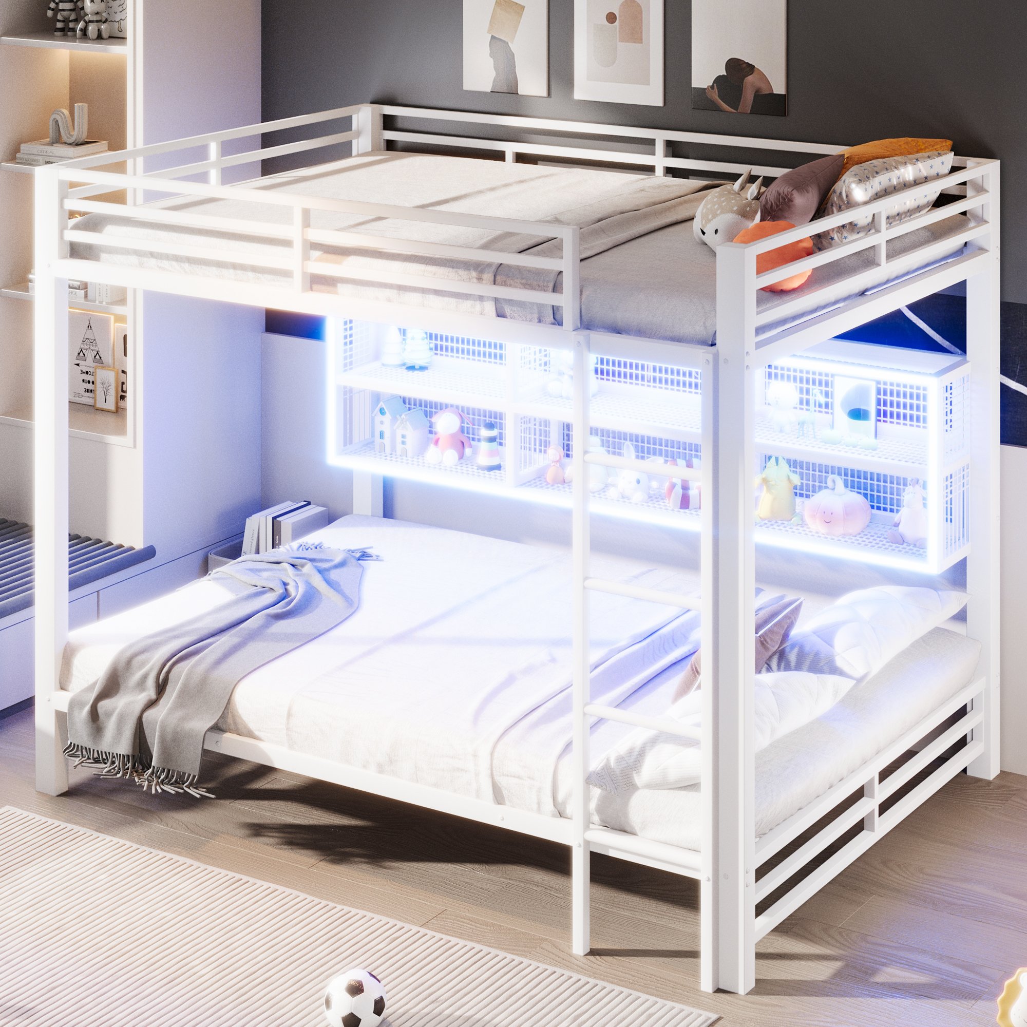 Lit superposé 140x200 cm en métal blanc avec rangements et LED intégrée