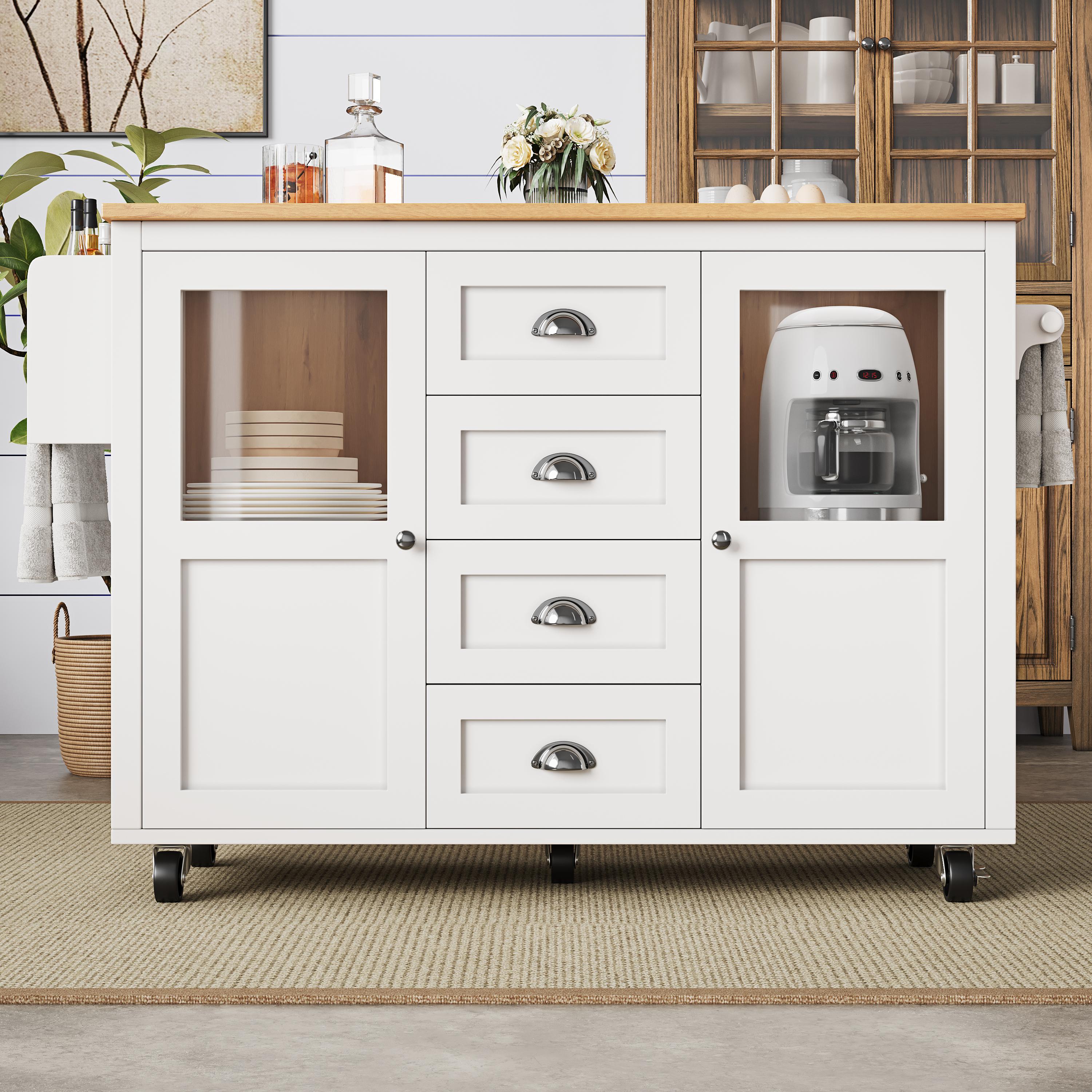 Îlot de cuisine blanc avec rangement, plan rabattable, 4 tiroirs, étagères, roulettes 360°, Panneau composite de fibres de bois à densité et métal, 137,9x73x92,5 cm