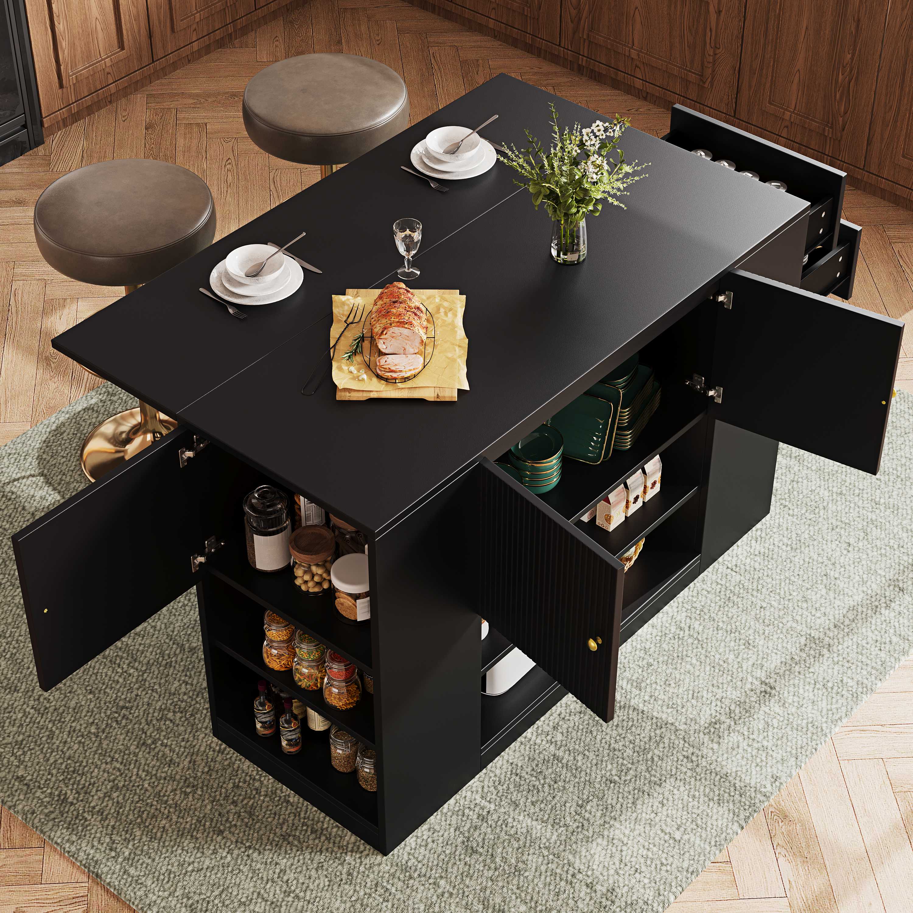 Îlot de cuisine avec table pliante et rangement, tiroirs, étagères, noir, en Panneau composite de fibres de bois à densité, 140x40x90 cm, pour cuisiner et manger