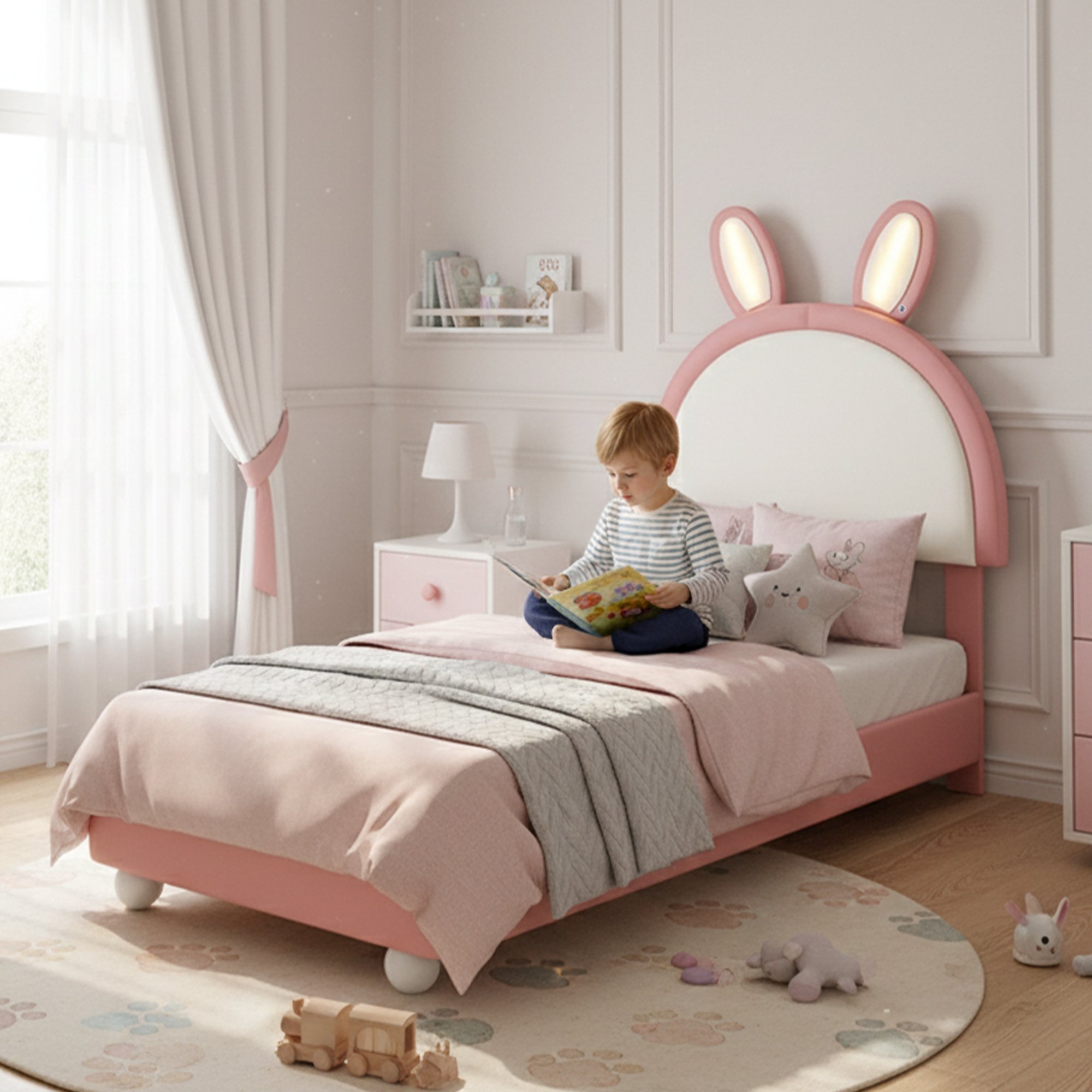 Lit rembourré 90x200 avec tête de lit en forme de lapin, LED et bordure en mousse anti-collision