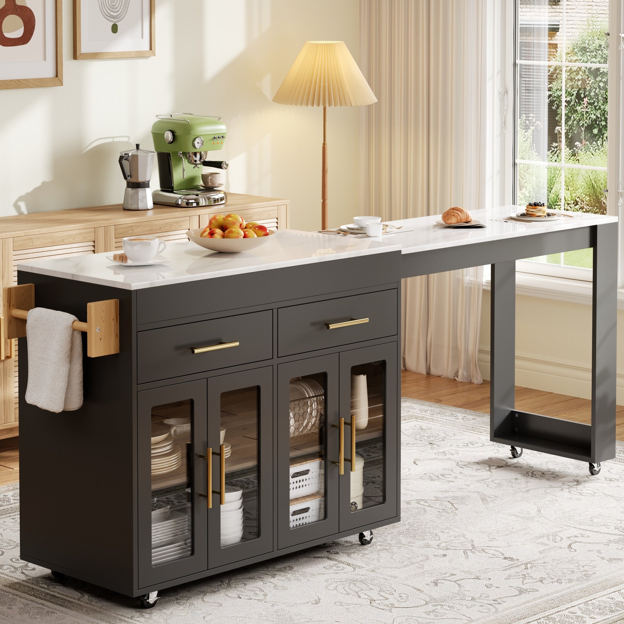 Îlot de cuisine en Panneau composite de fibres de bois à densité avec plan de travail en marbre blanc, structure noire, dimensions 132,5-217 x 50 x 93 cm, avec rangement