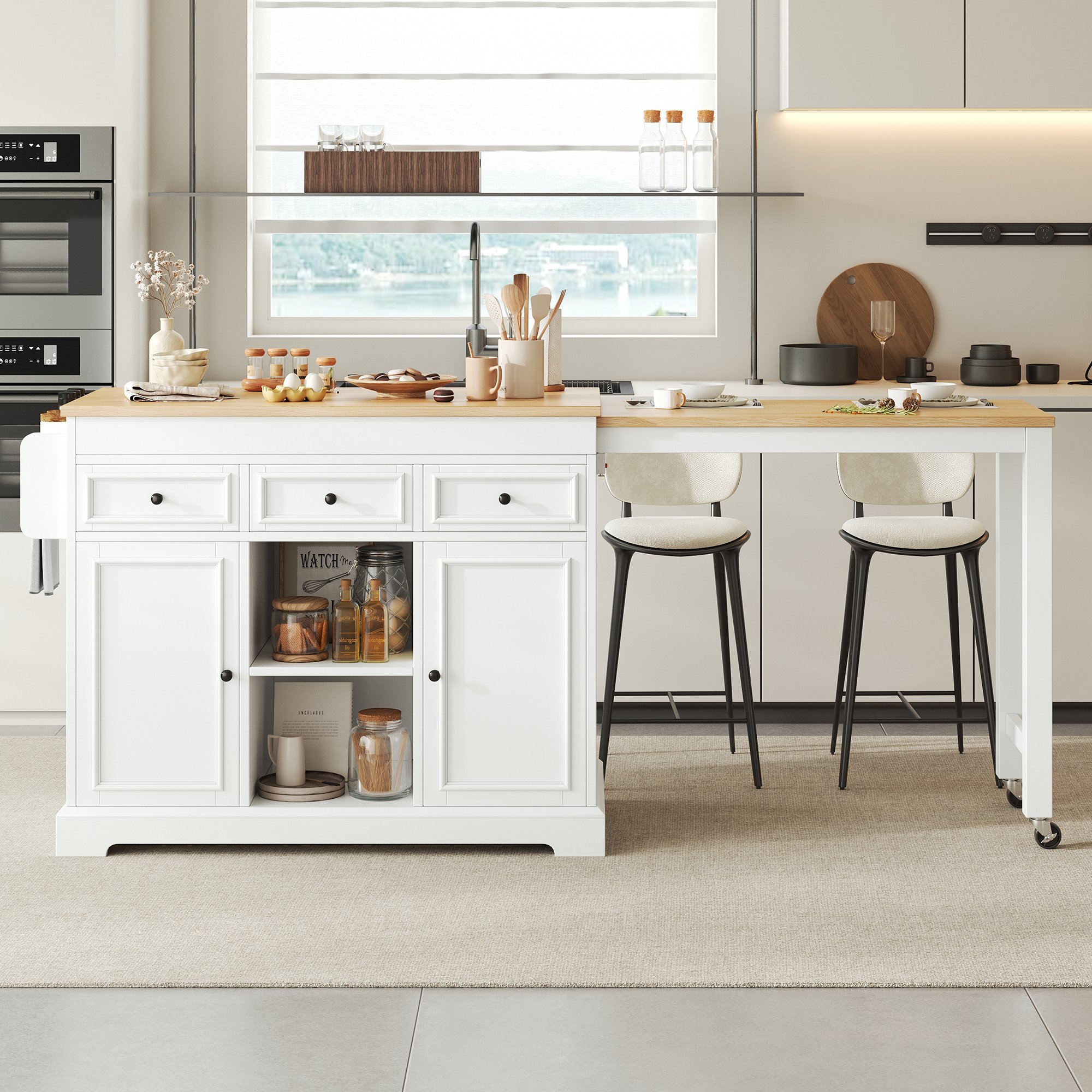 Îlot de cuisine sur roulettes avec plan de travail extensible et rangements, tiroirs, étagère à épices, blanc et bois naturel, Panneau composite de fibres de bois à densité