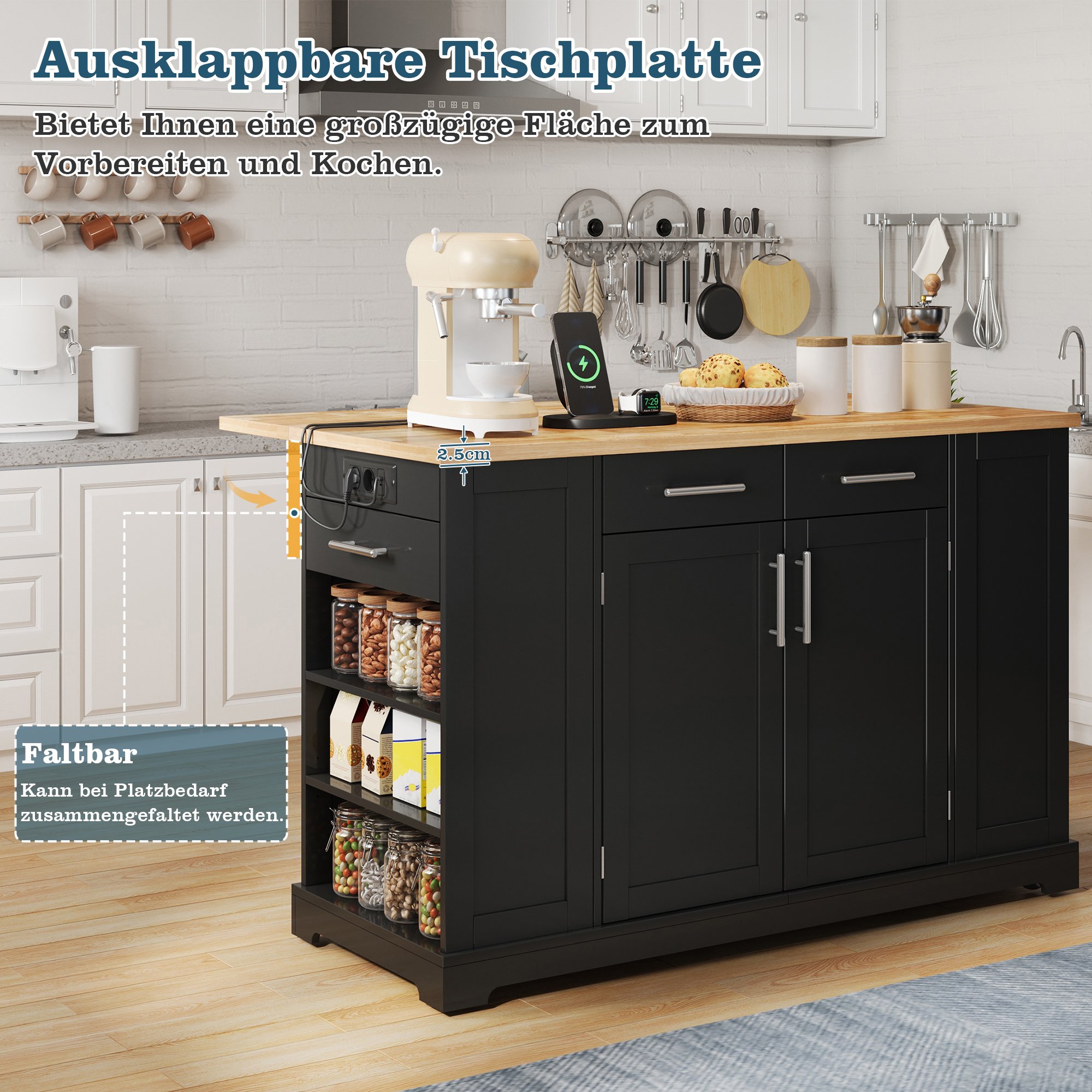 Îlot de cuisine avec plan rabattable et rangement poubelle, roulettes silencieuses, prises 230V et USB, noir bois