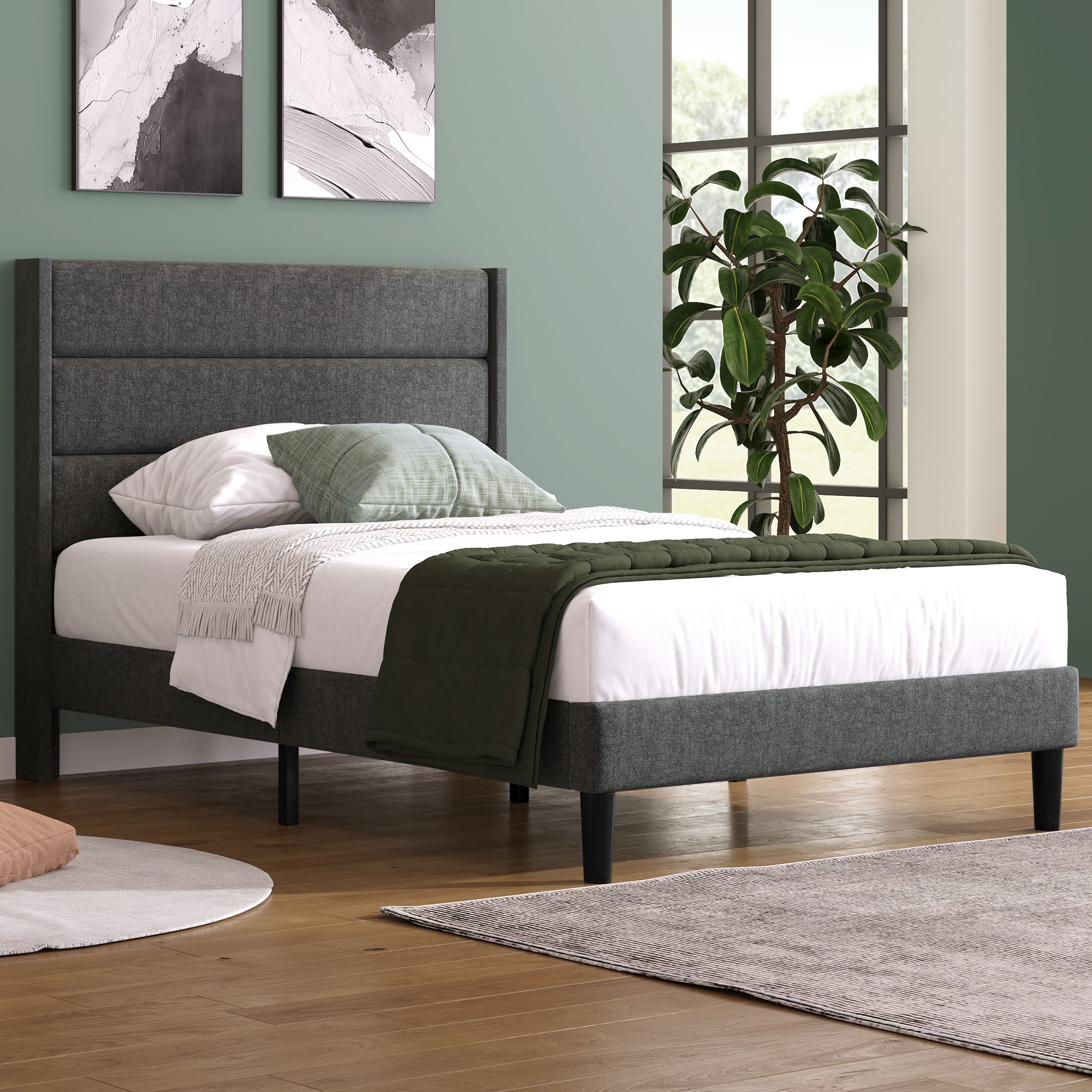 Cadre de lit en tissu lin gris foncé 90x200 cm avec tête de lit rembourrée douce et structure robuste métallique