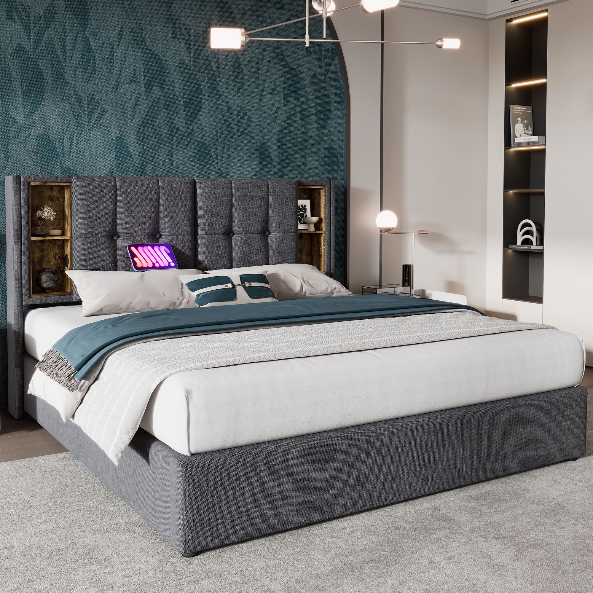 lit coffre double 160x200 cm avec tête de lit multifonction, ports USB, Type-C et grand espace de rangement