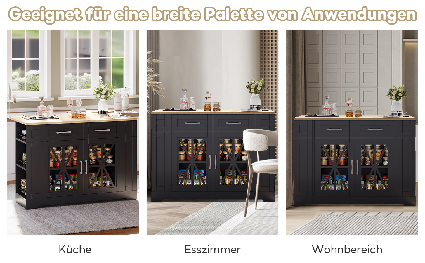 Îlot de cuisine avec table rabattable, 2 prises et 2 USB, rangement spacieux et 6 étagères, 120x65 cm