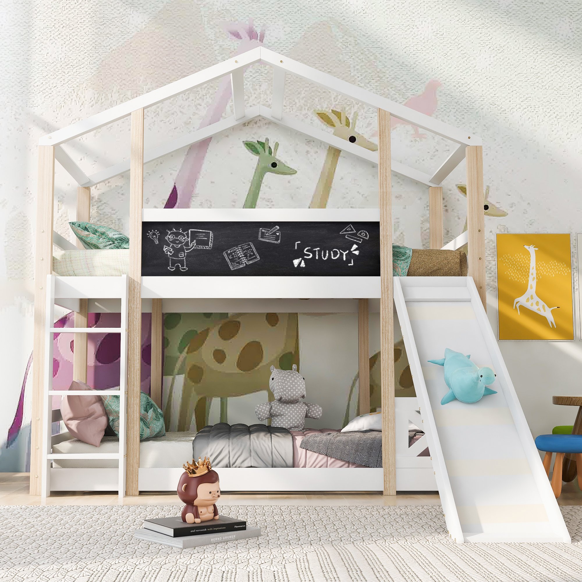 Lit mezzanine enfant 90x200 en pin massif blanc avec glissière, échelle, sommier à lattes et certification sécurité EN 747-1
