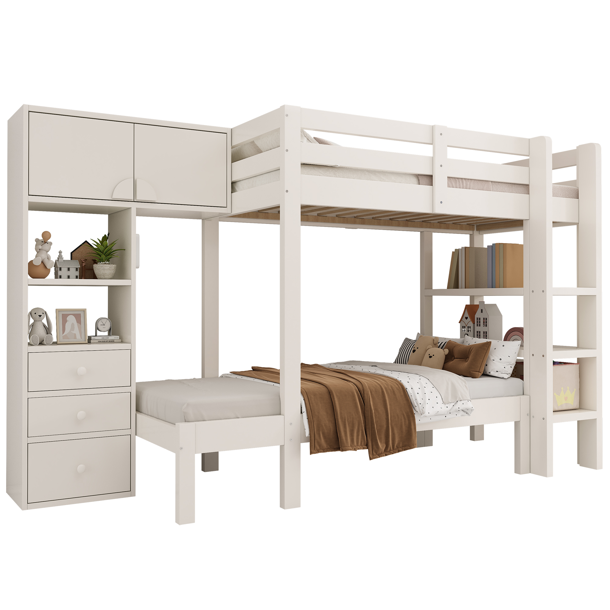 Lit superposé 90x200 cm blanc en bois et métal avec rangement intégré, tiroirs, étagères et nuit de veilleuse LED