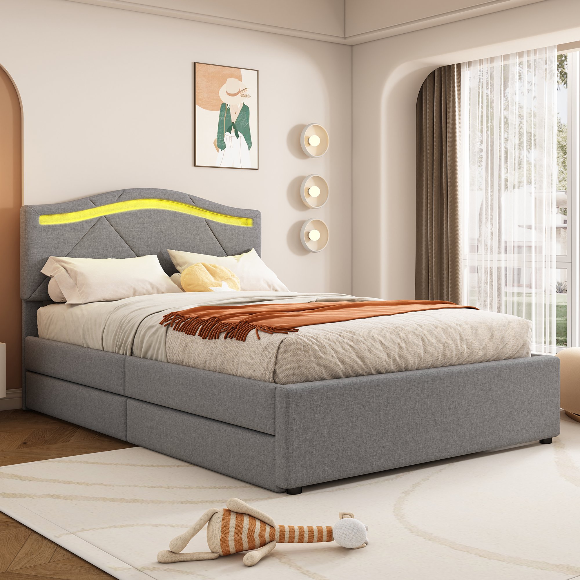 Lit rembourré 90x200 avec rangements, LED et tête réglable, sommier à lattes inclus