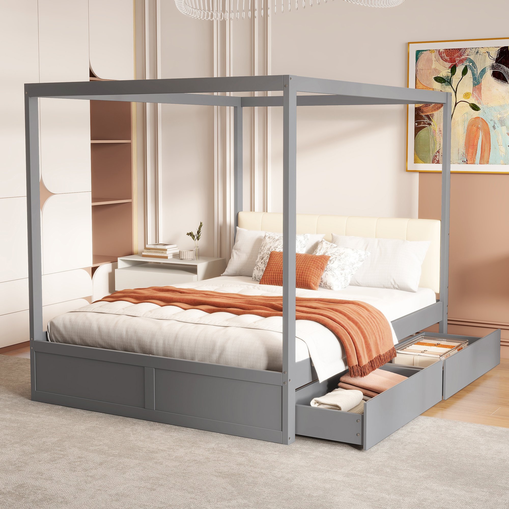 Lit coffre 140x200 en bois massif et tissu avec tête de lit rembourrée, gris