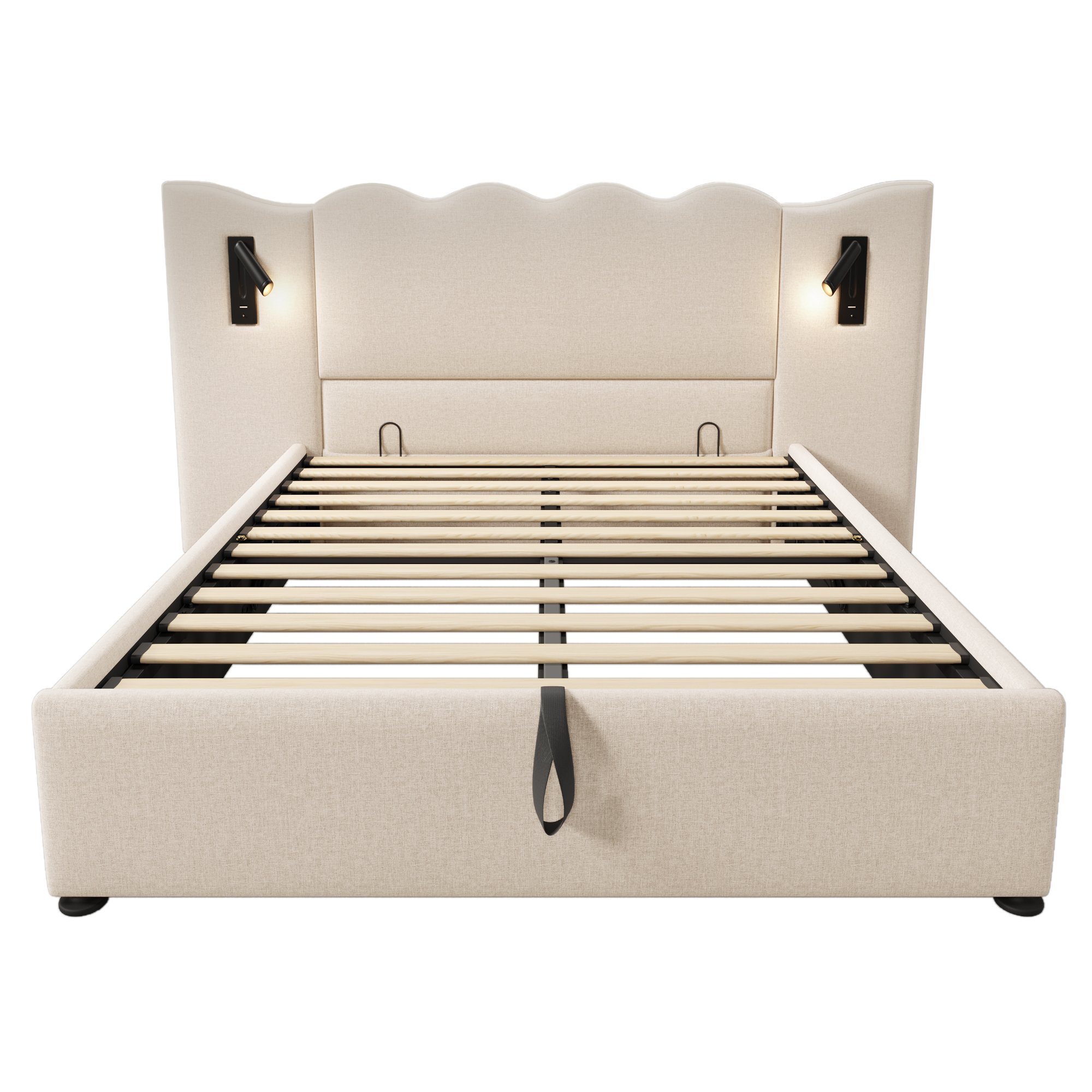 Lit coffre double 160x200 avec rangement hydraulique, lampe LED rotative et ports USB Type-C pour recharge facile