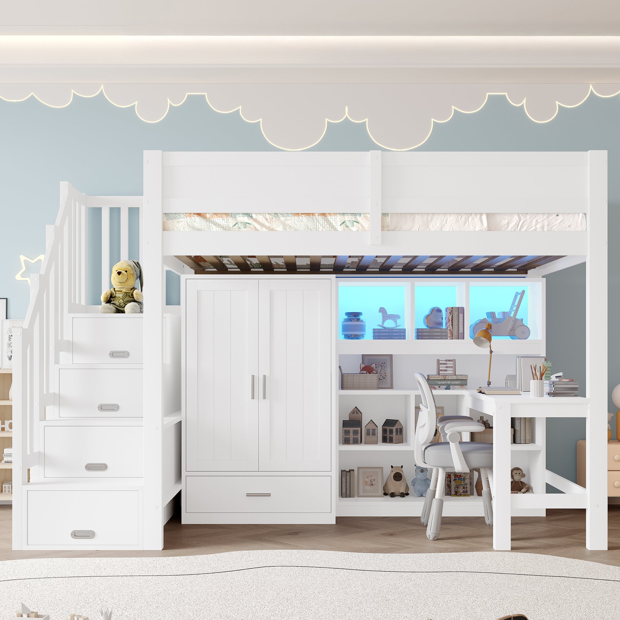 Lit mezzanine avec bureau intégré, rangements et LED, couchage 90x200