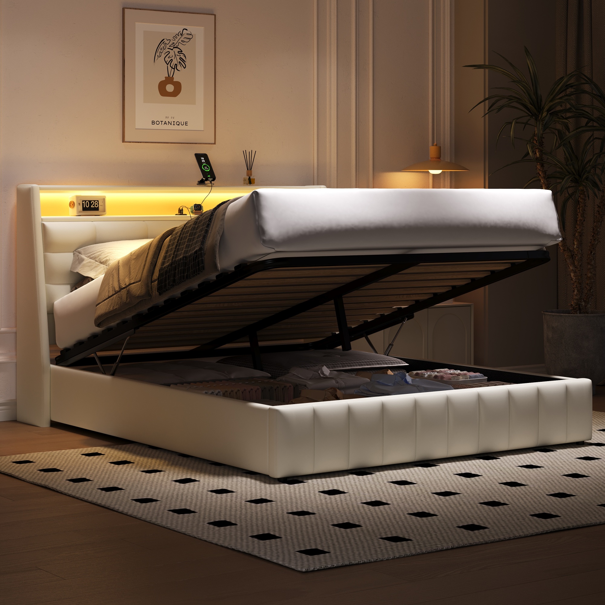 Lit coffre 160x200 rembourré blanc avec LED, USB et rangement intégré