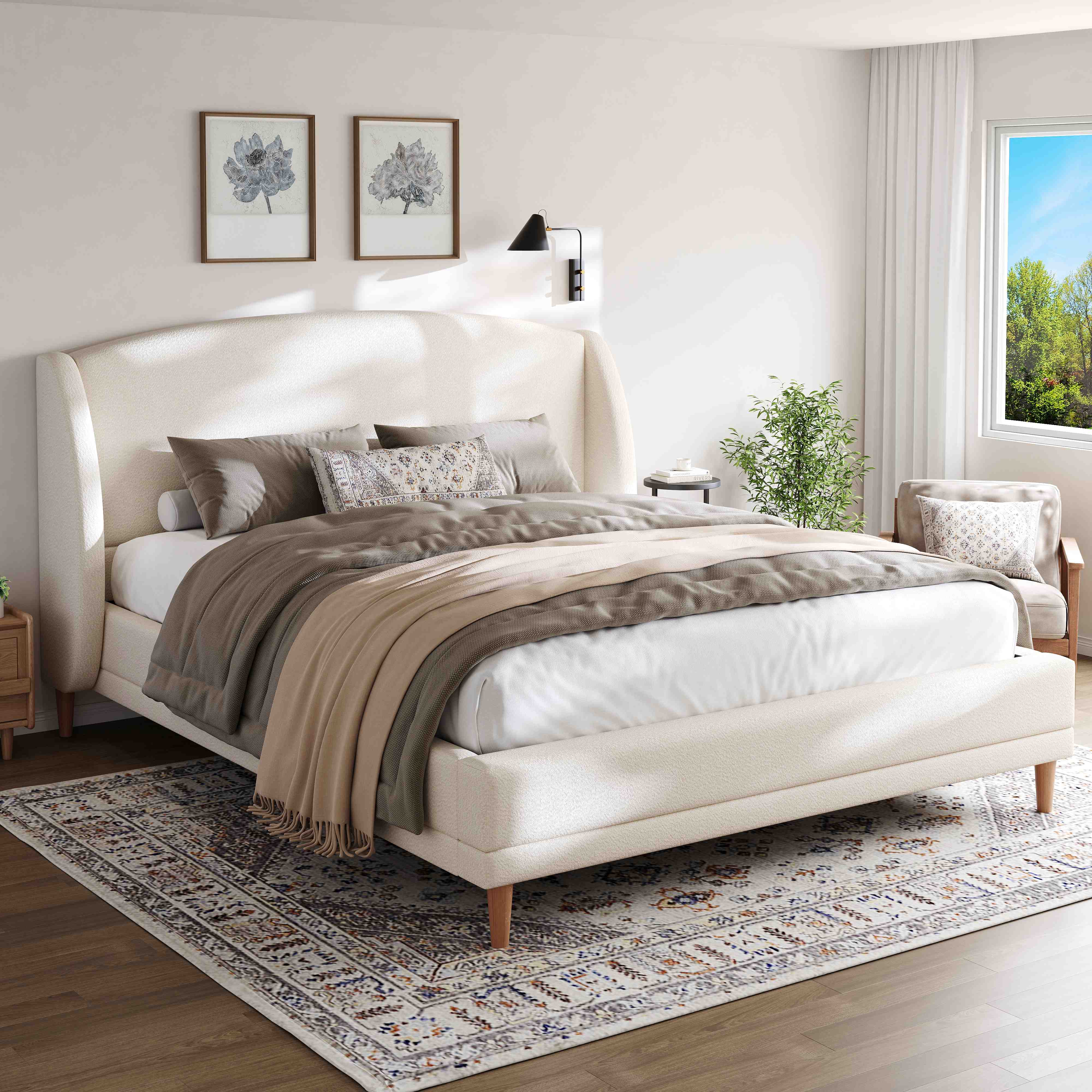 Lit capitonné 140x190 tissu bouclé blanc ivoire, tête de lit ailes incurvée, sommier lattes bois hévéa, style contemporain chic