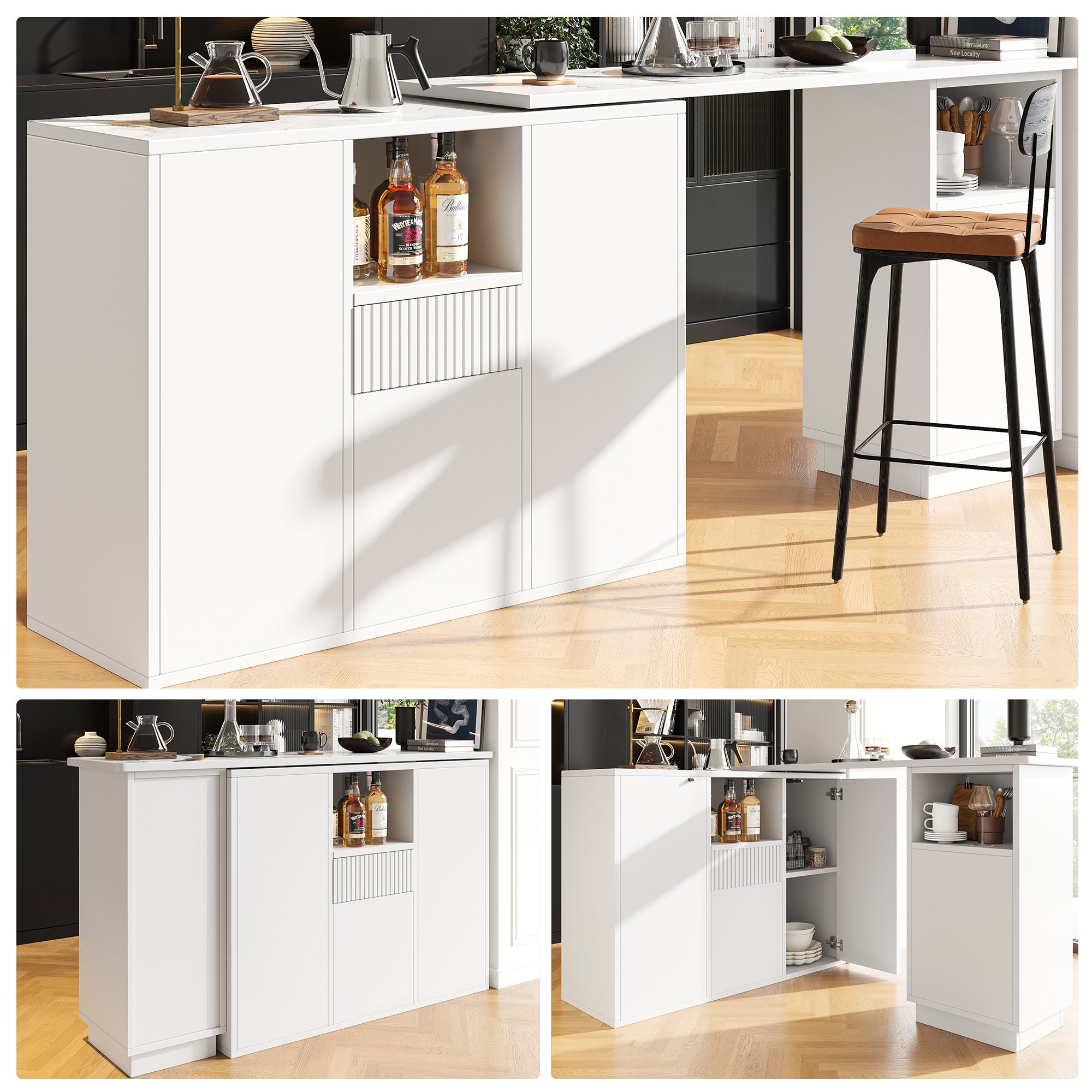 Îlot de cuisine en Panneau composite de fibres de bois à densité blanc avec plan de travail marbre, rangement intégré, dimensions 210x30x100,9 cm